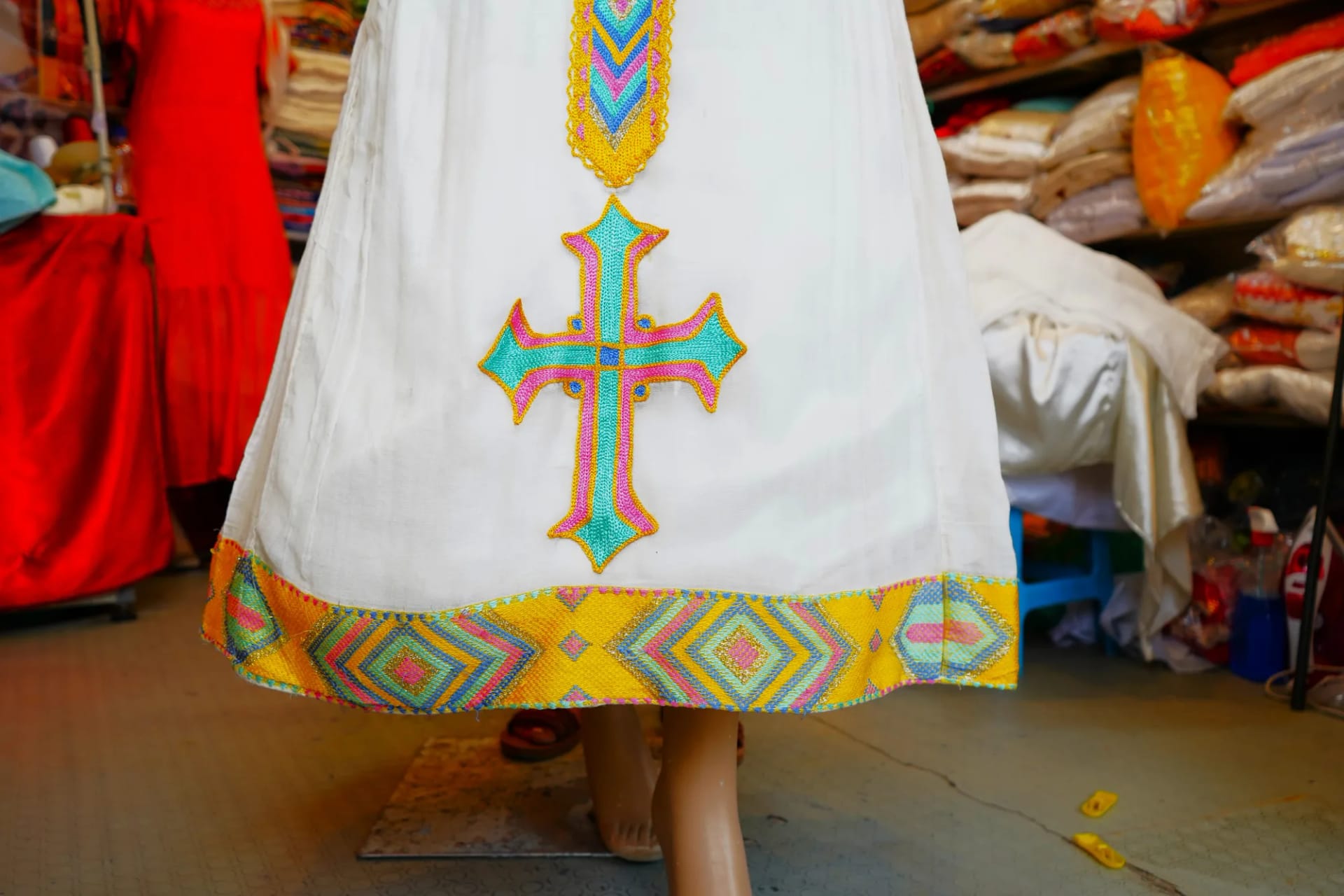 Premium Gojjam Habesha Kemis with Colorful Tibeb, Menen, Saba, Werkzeb fabric, Detail — Hareg Design
