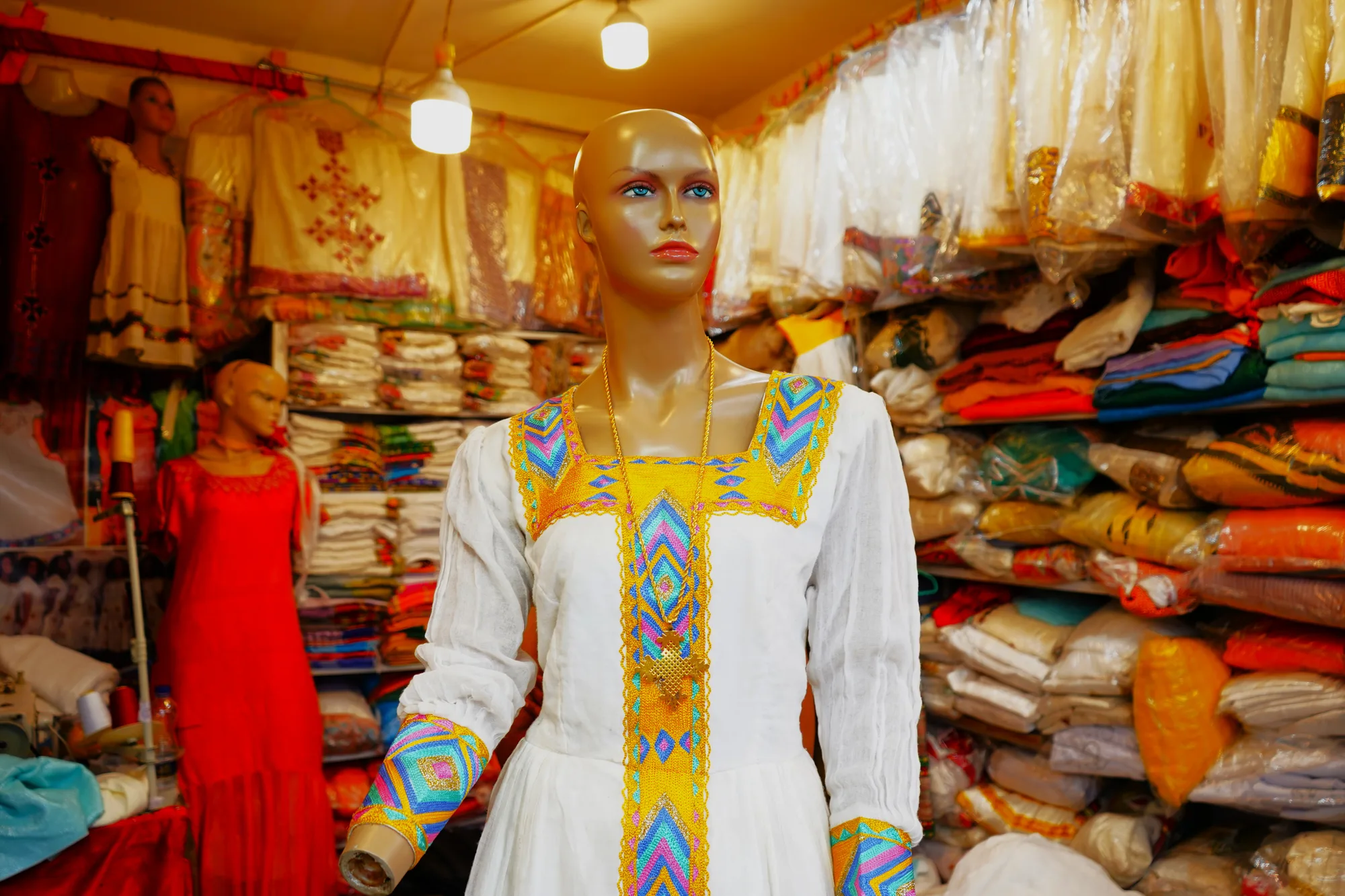 Premium Gojjam Habesha Kemis with Colorful Tibeb, Menen, Saba, Werkzeb fabric, Worn — Hareg Design