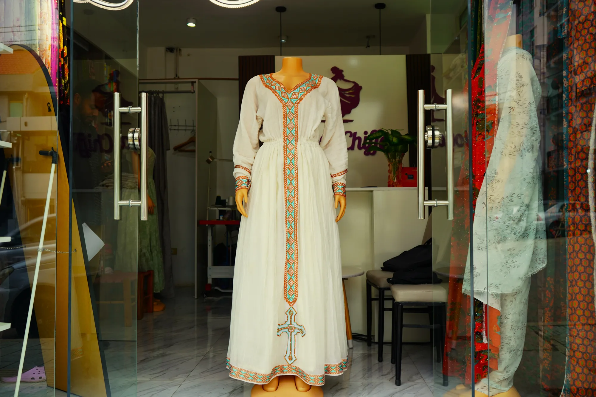 Elegant Chiffon Ethiopian Evening Dress, Habesha Kemis, Menen, Saba, Werkzeb fabric, Front — Noya Chiffon