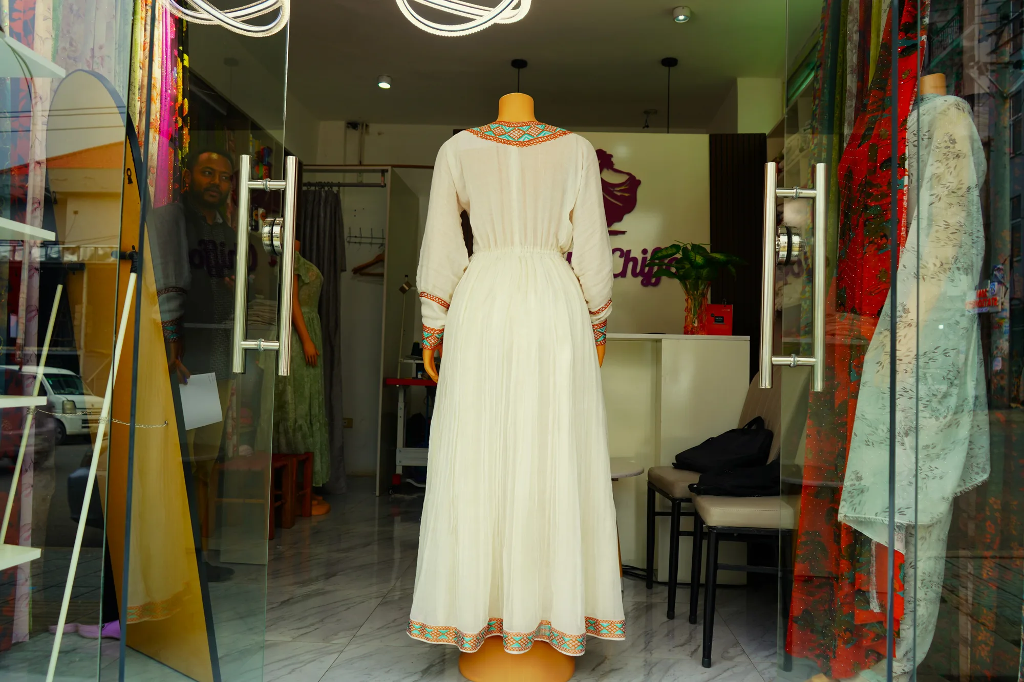 Elegant Chiffon Ethiopian Evening Dress, Habesha Kemis, Menen, Saba, Werkzeb fabric, Back — Noya Chiffon