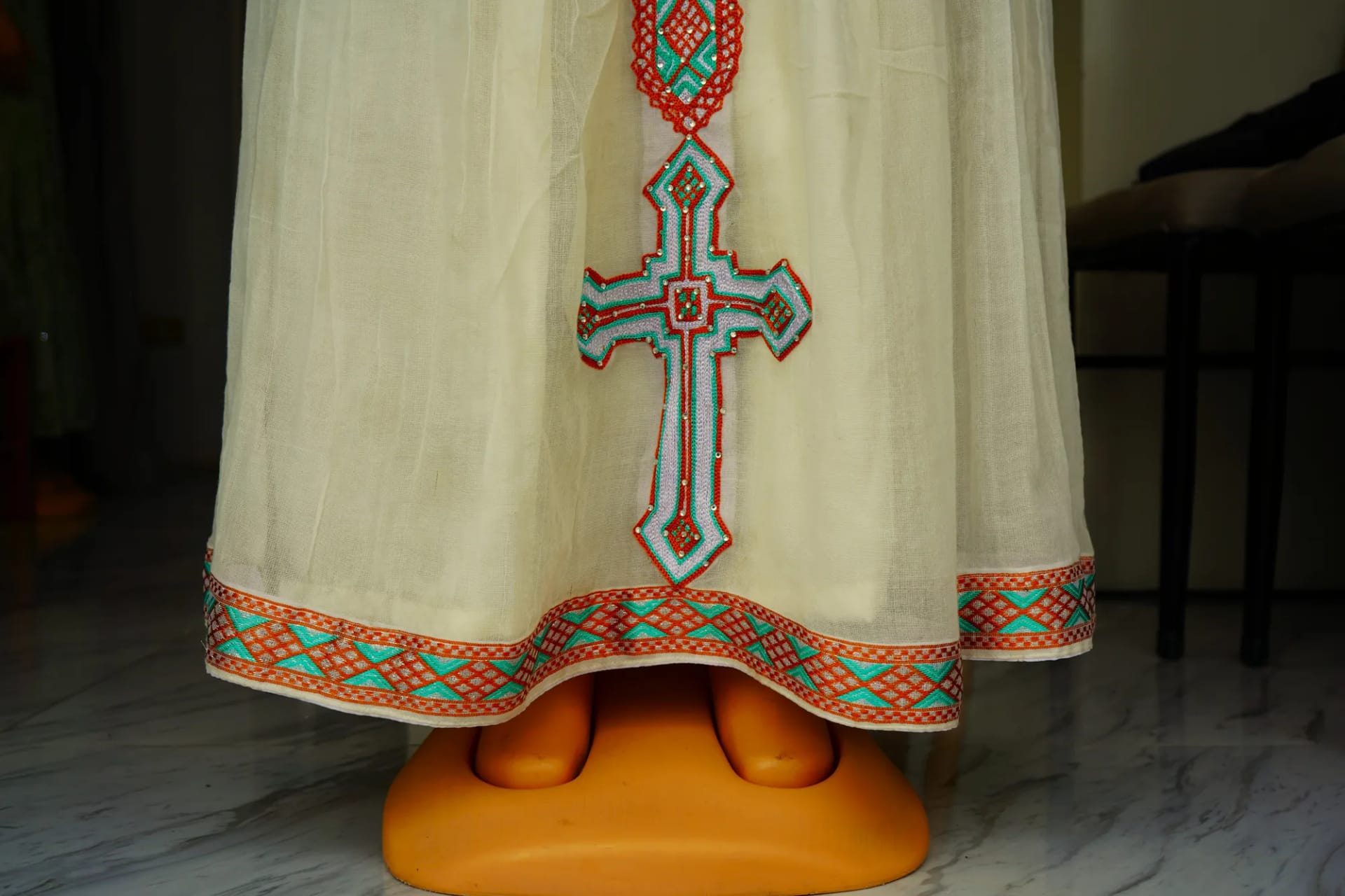 Elegant Chiffon Ethiopian Evening Dress, Habesha Kemis, Menen, Saba, Werkzeb fabric, Detail — Noya Chiffon