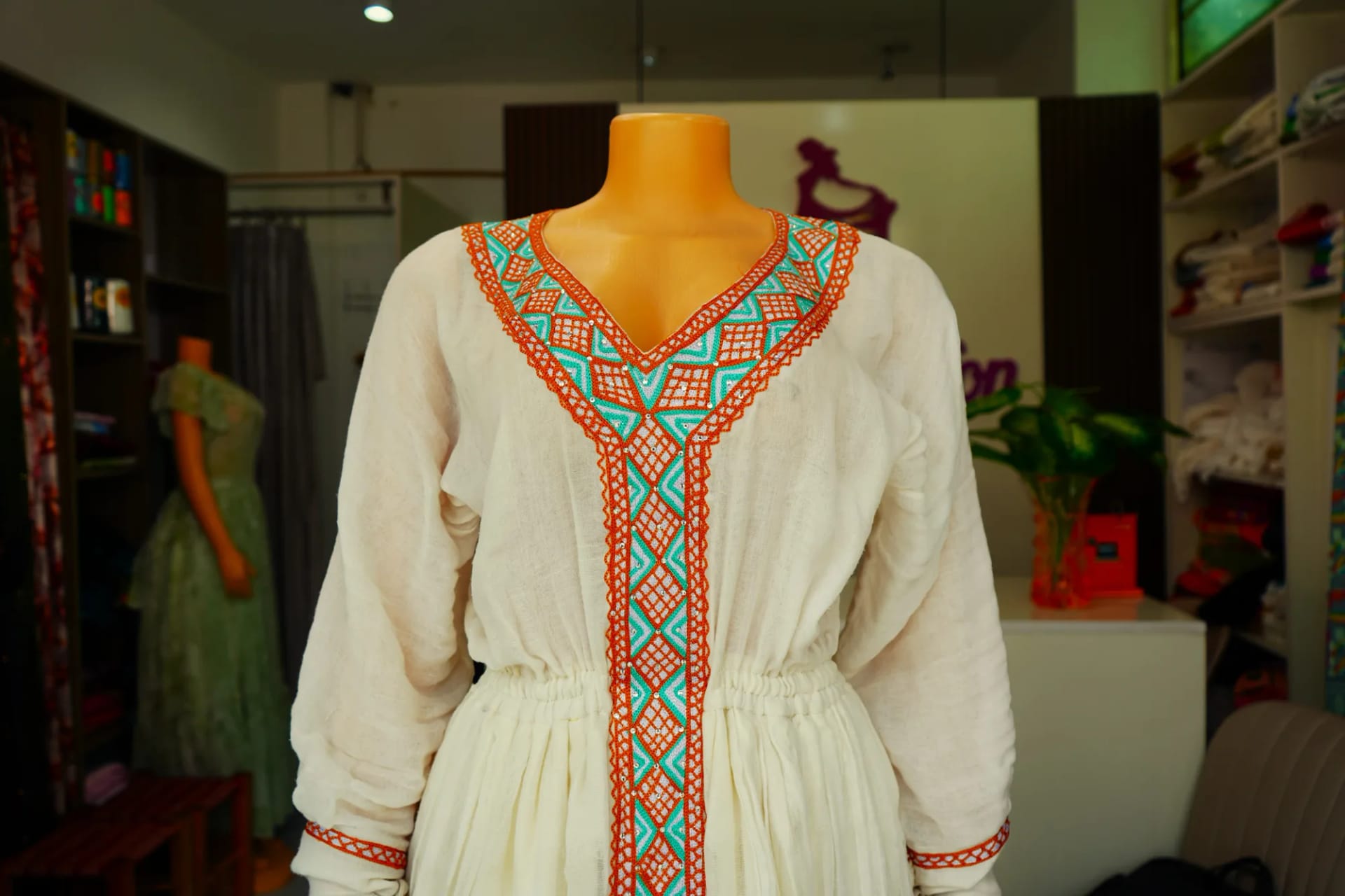 Elegant Chiffon Ethiopian Evening Dress, Habesha Kemis, Menen, Saba, Werkzeb fabric, Worn — Noya Chiffon