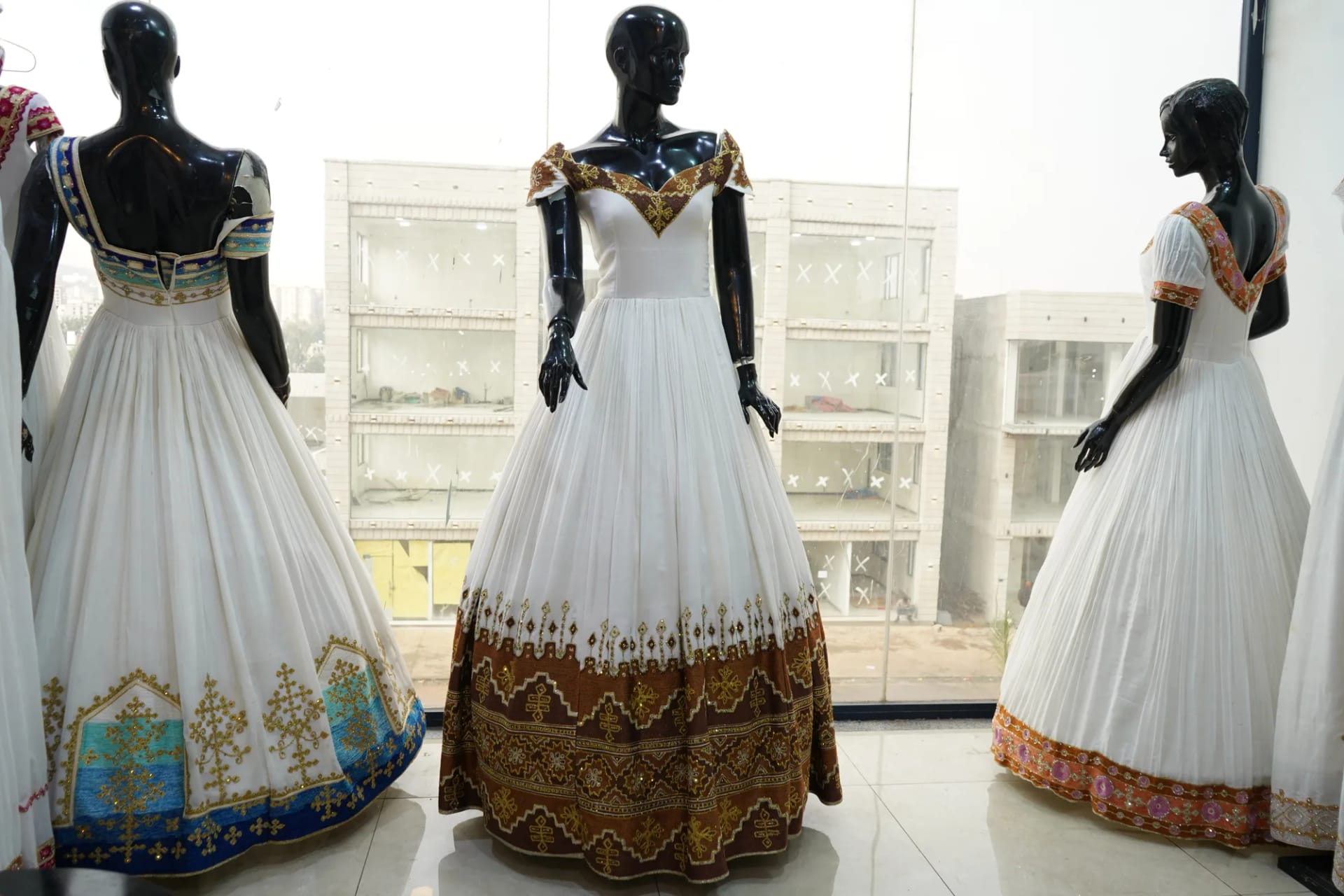 Modern Habesha Kemis with Geometric Tibeb, Menen fabric, Front — Birabiro Design