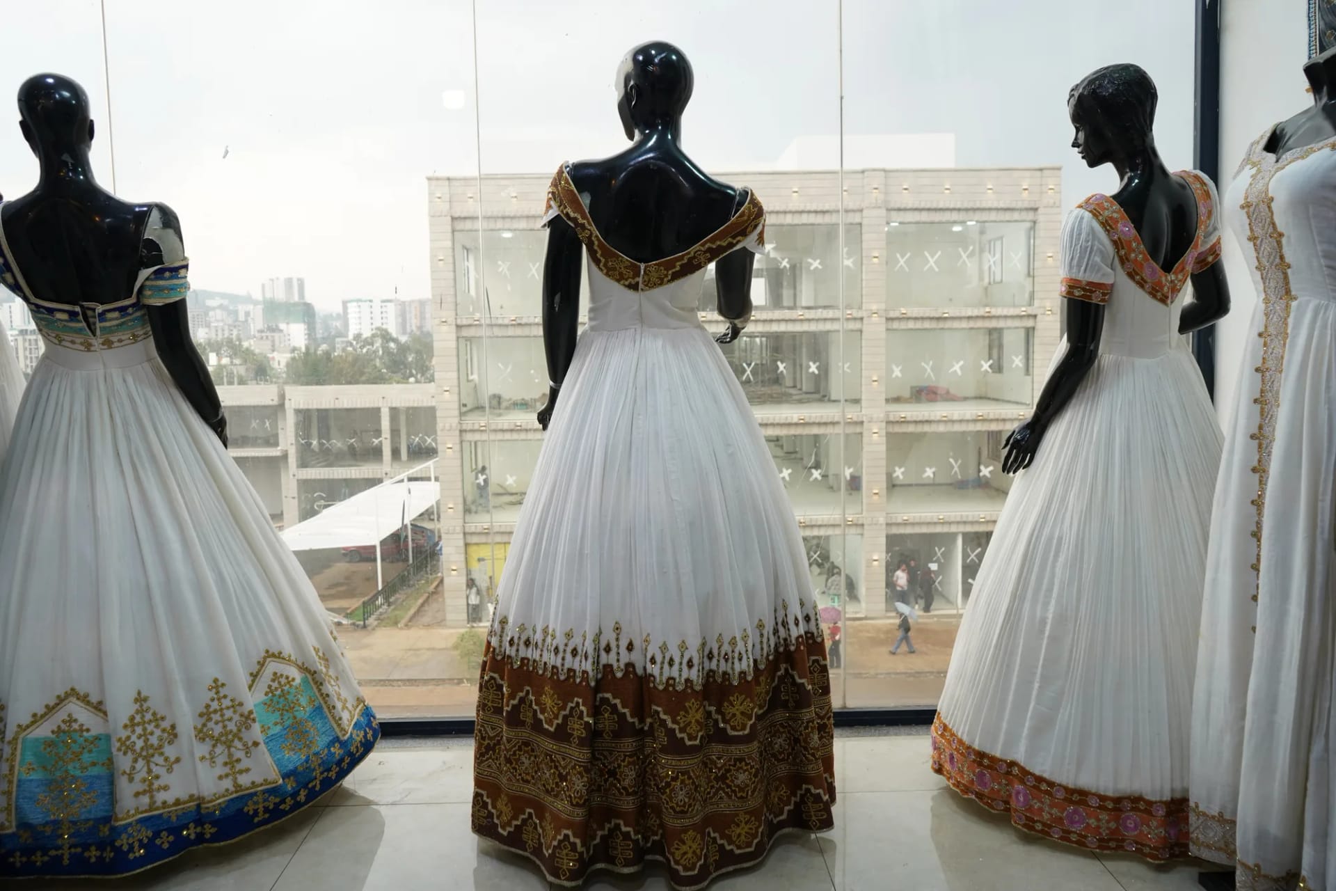Modern Habesha Kemis with Geometric Tibeb, Menen fabric, Back — Birabiro Design