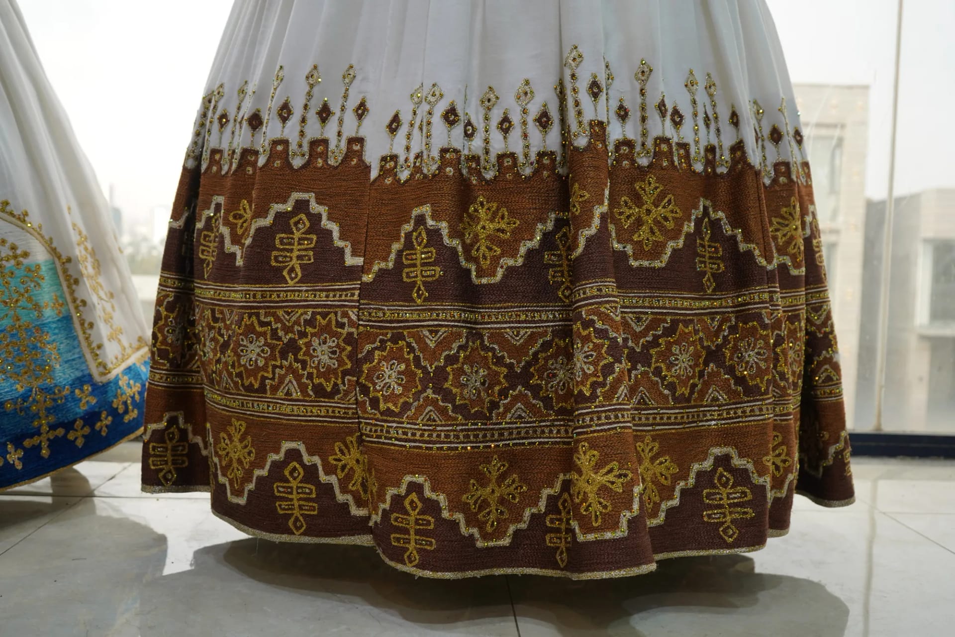 Modern Habesha Kemis with Geometric Tibeb, Menen fabric, Detail — Birabiro Design