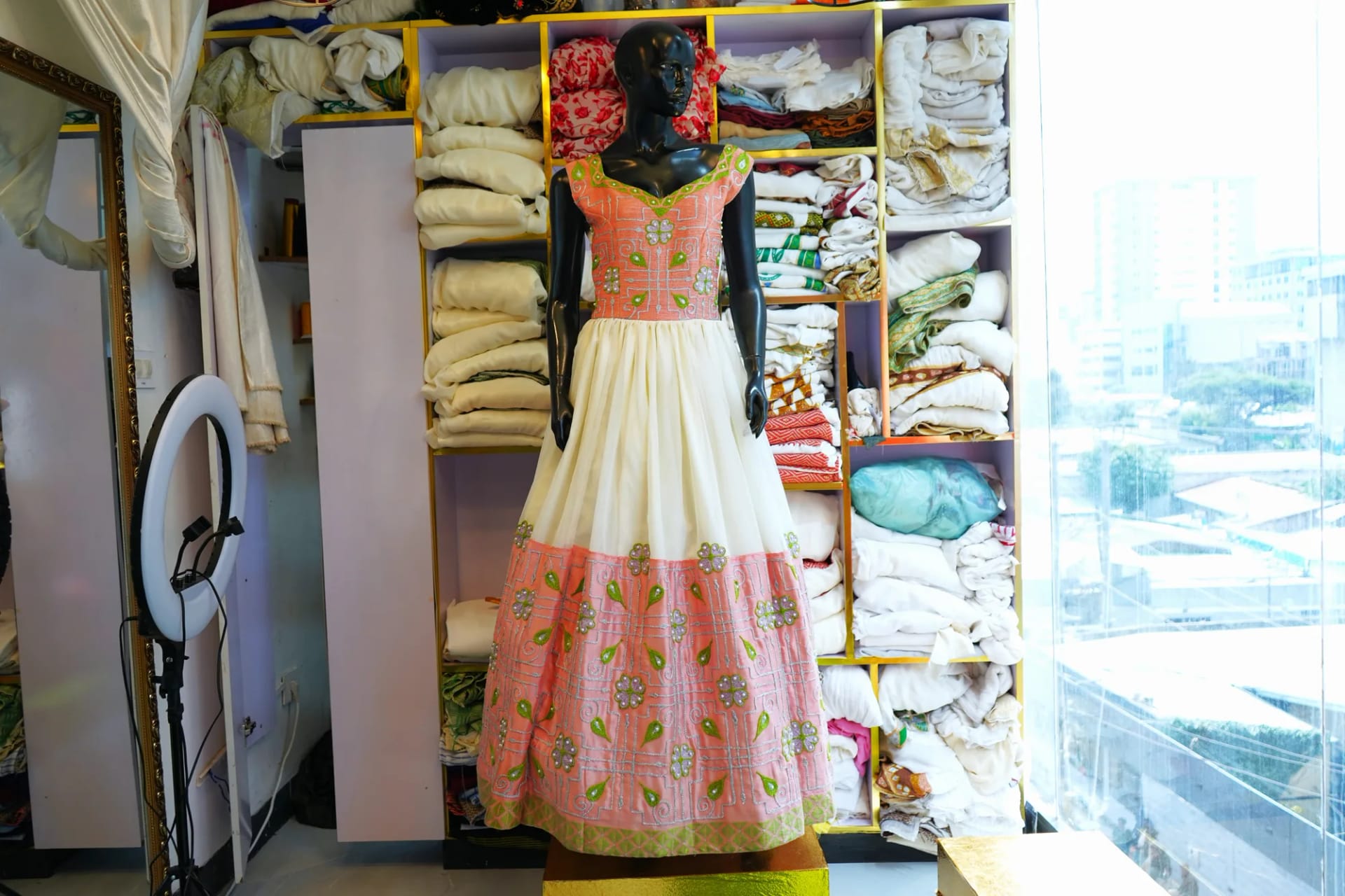 Luxury Ethiopian Cultural Wedding Dress, Habesha Kemis, Menen fabric, Front — Kal Design