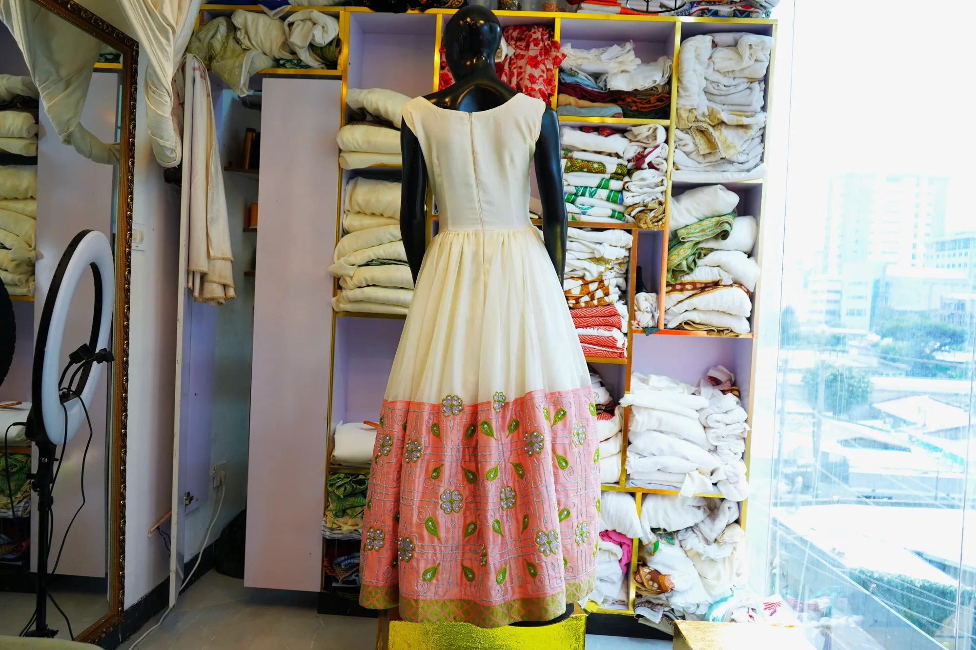 Luxury Ethiopian Cultural Wedding Dress, Habesha Kemis, Menen fabric, Back — Kal Design