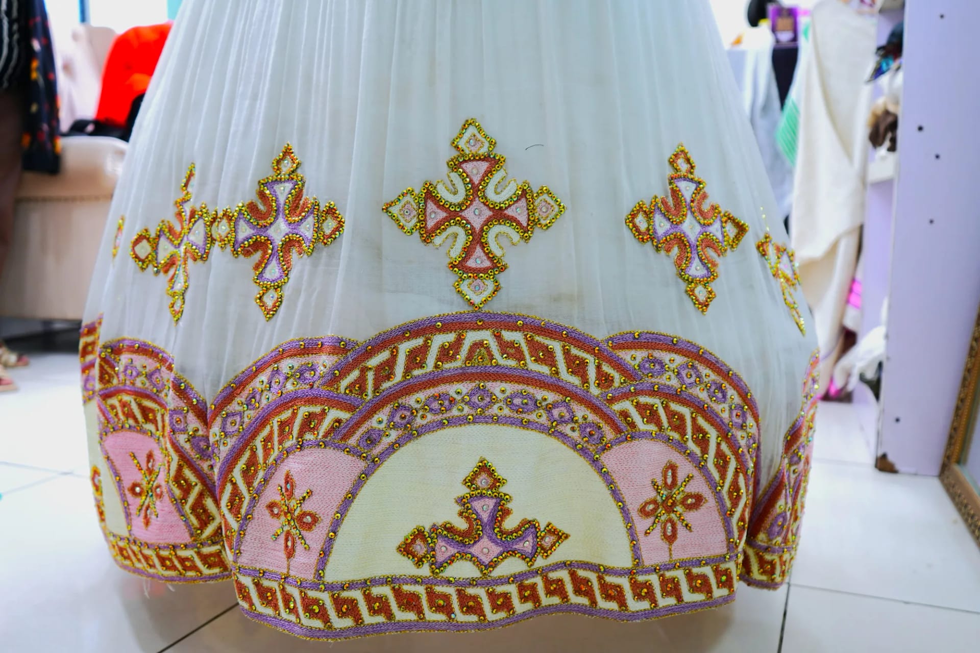 Premium Velvet Habesha Kemis with Gold Embroidery, Menen fabric, Detail — Cassopia Design