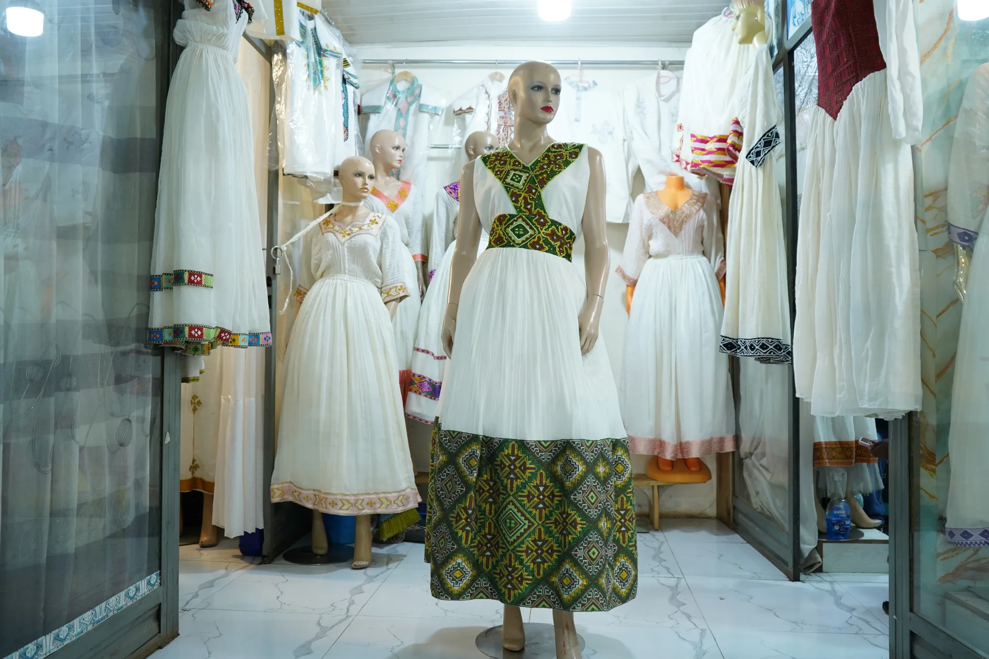Authentic Ethiopian Regional Heritage Outfit, Habesha Kemis, Menen fabric, Front — Selam Ye Behal Alibasat