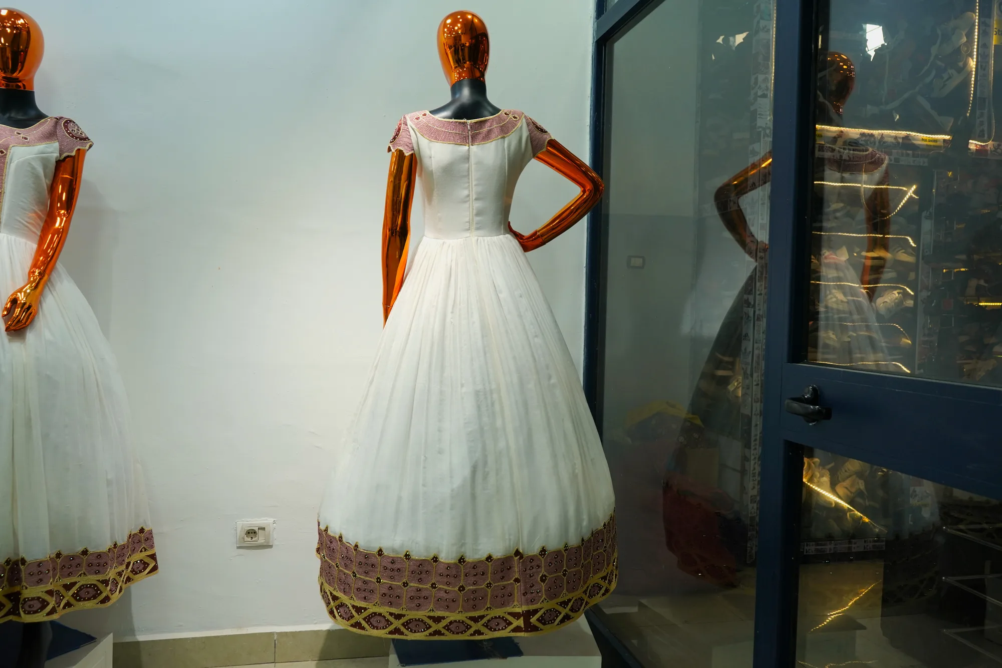 Elegant White Habesha Kemis with Rose Gold Tibeb, Menen fabric, Back — Sara tibeb
