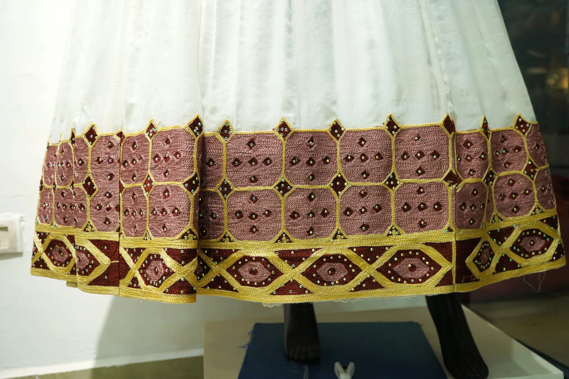 Elegant White Habesha Kemis with Rose Gold Tibeb, Menen fabric, Detail — Sara tibeb