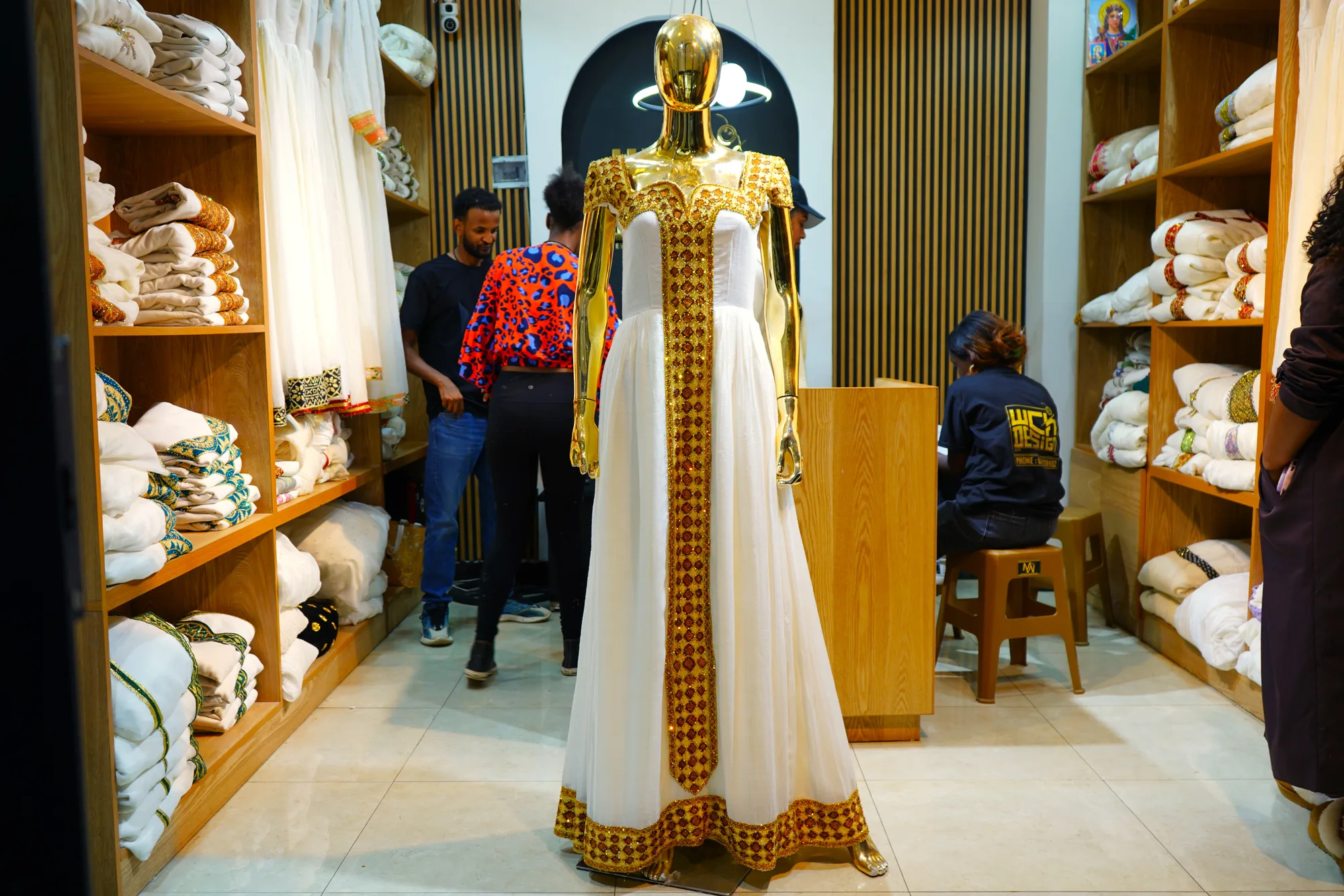 Designer Ethiopian Evening Habesha Dress, Habesha Kemis, Menen fabric, Front — Serk Design