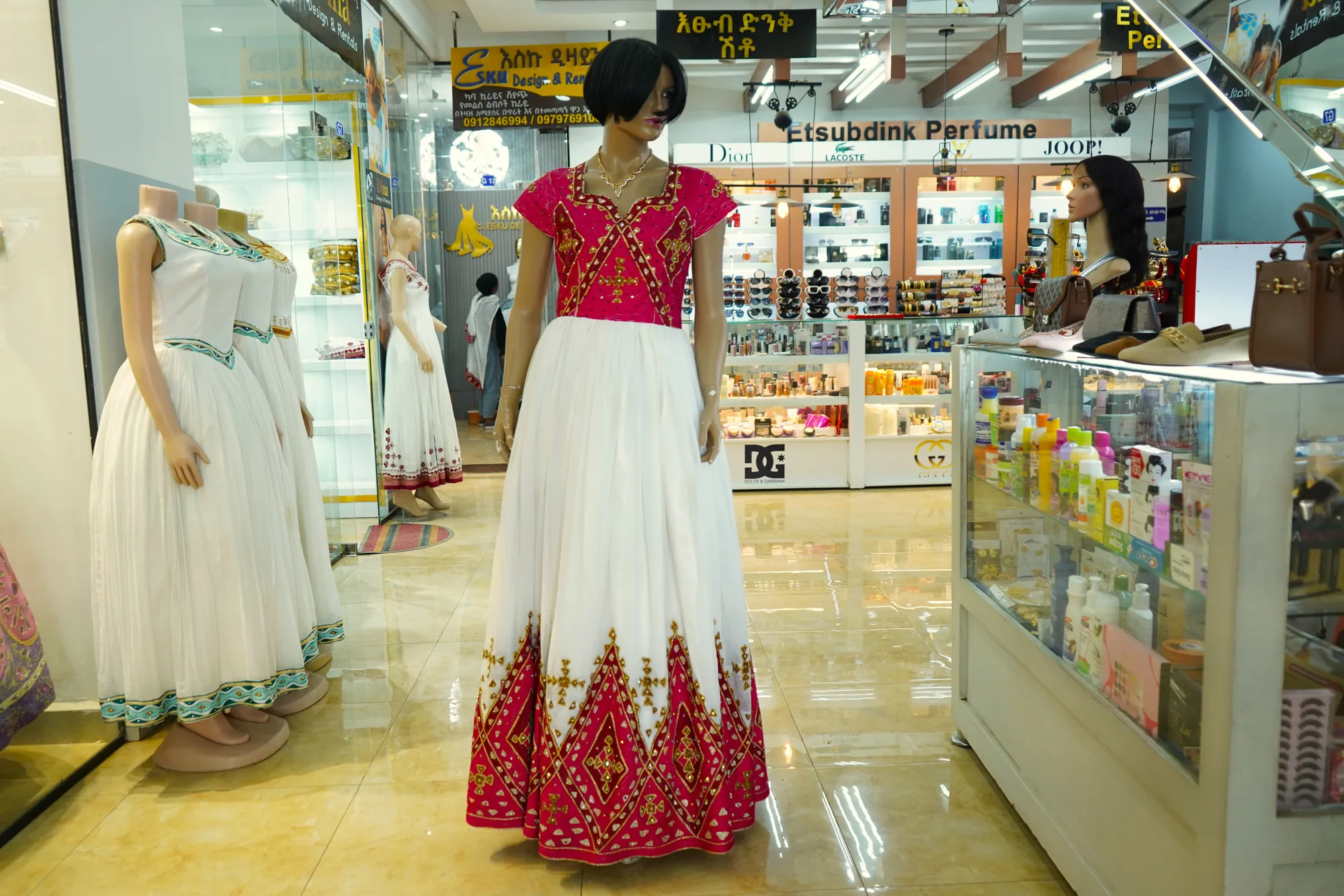 Premium Axum Habesha Kemis with Gold Border, Menen fabric, Front — Eden Tibeb