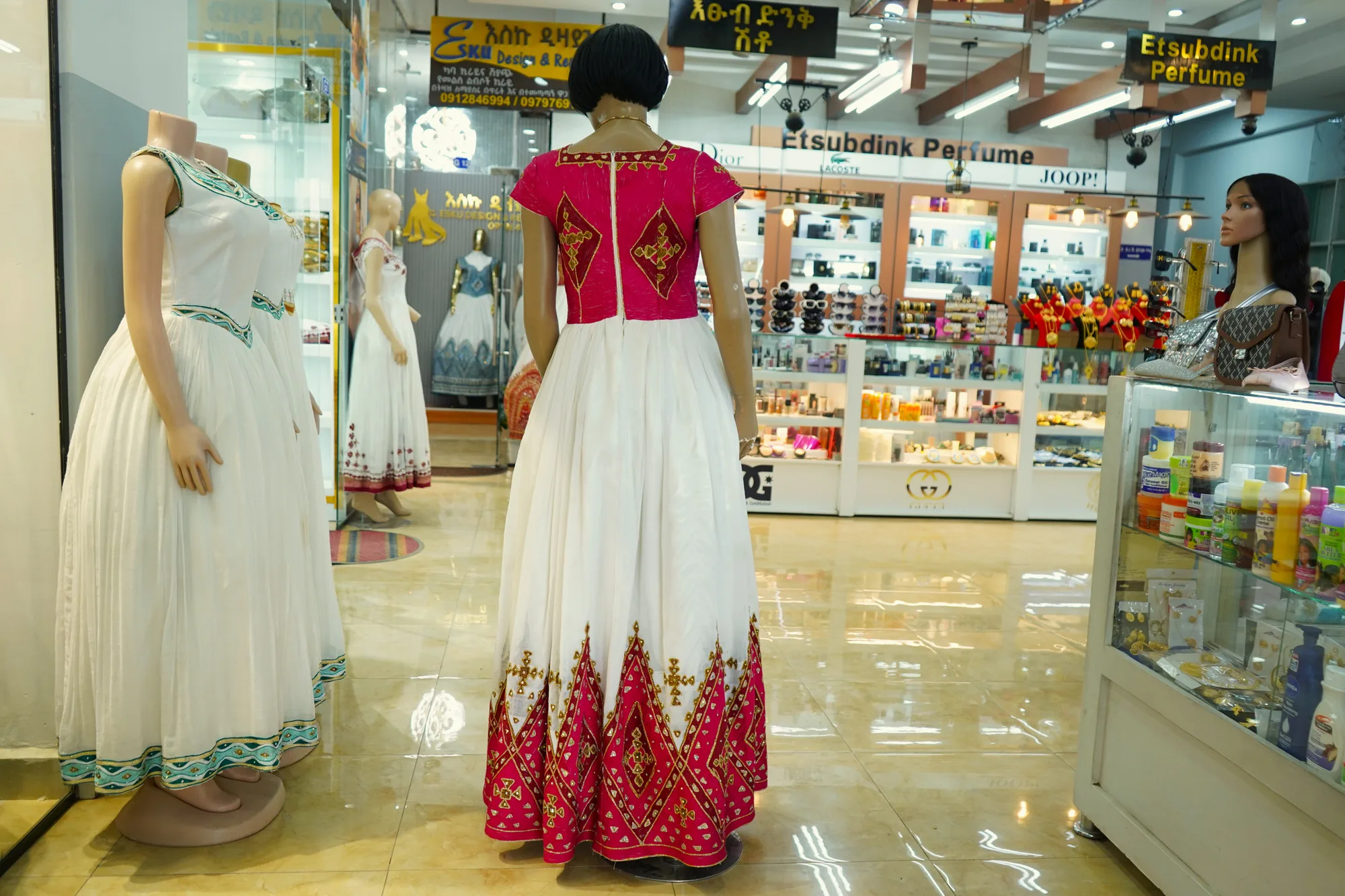 Premium Axum Habesha Kemis with Gold Border, Menen fabric, Back — Eden Tibeb