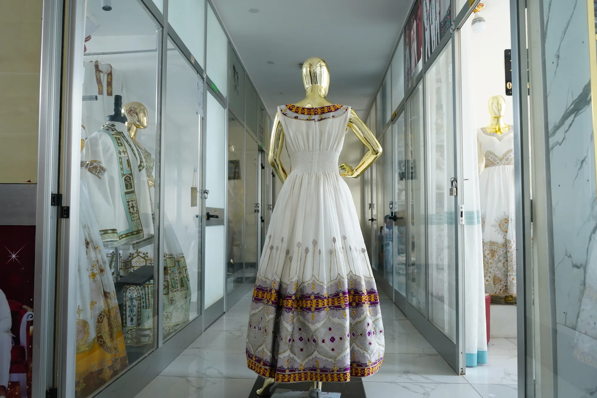 Habesha tibeb kemis for weeding, Habesha Kemis, Menen - Cotton wool fabric, Back — Beti Habesha