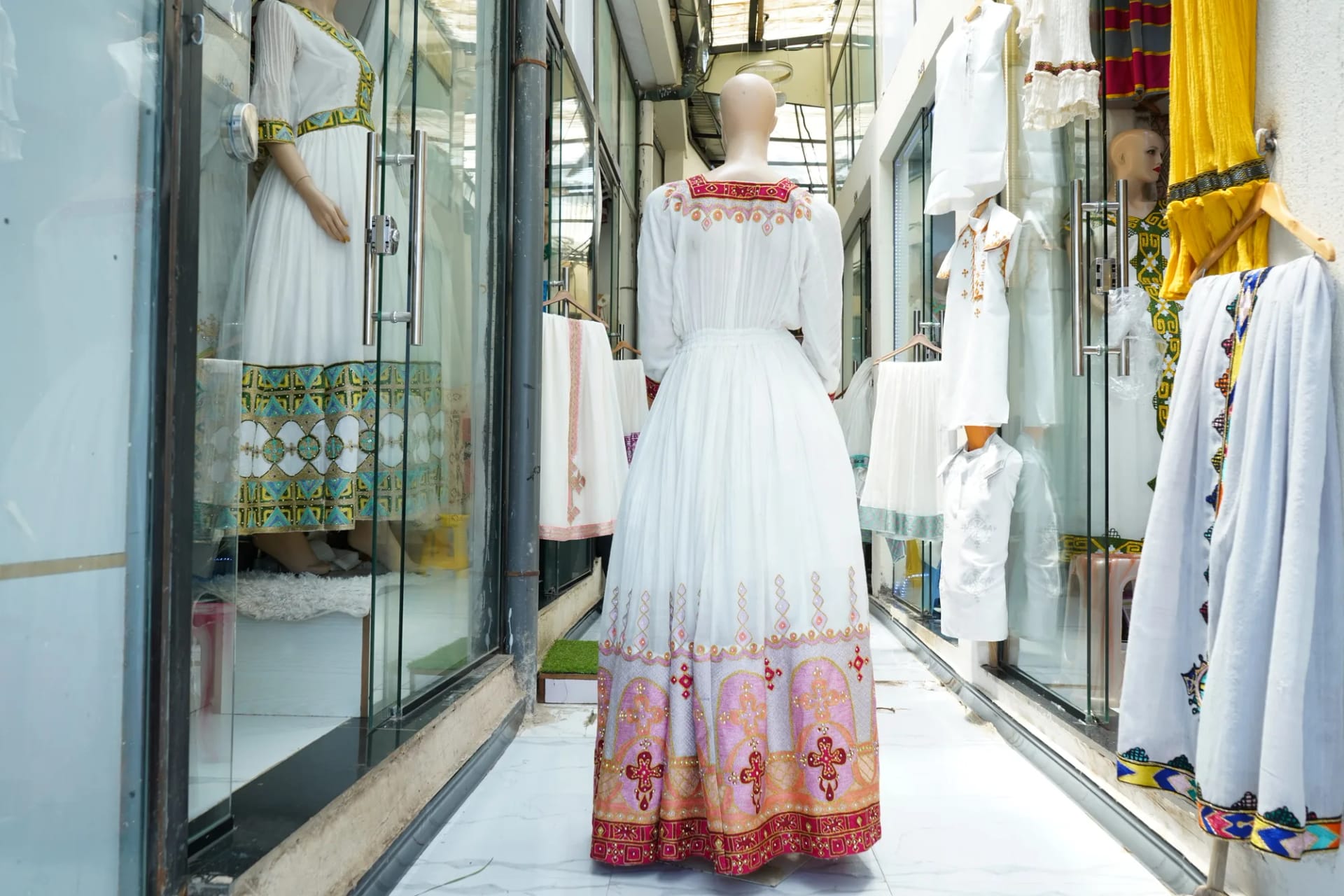 Hand made Tibeb Kemis for weeding, Habesha Kemis, Menen Cotton Wool fabric, Back — Abysinia Design