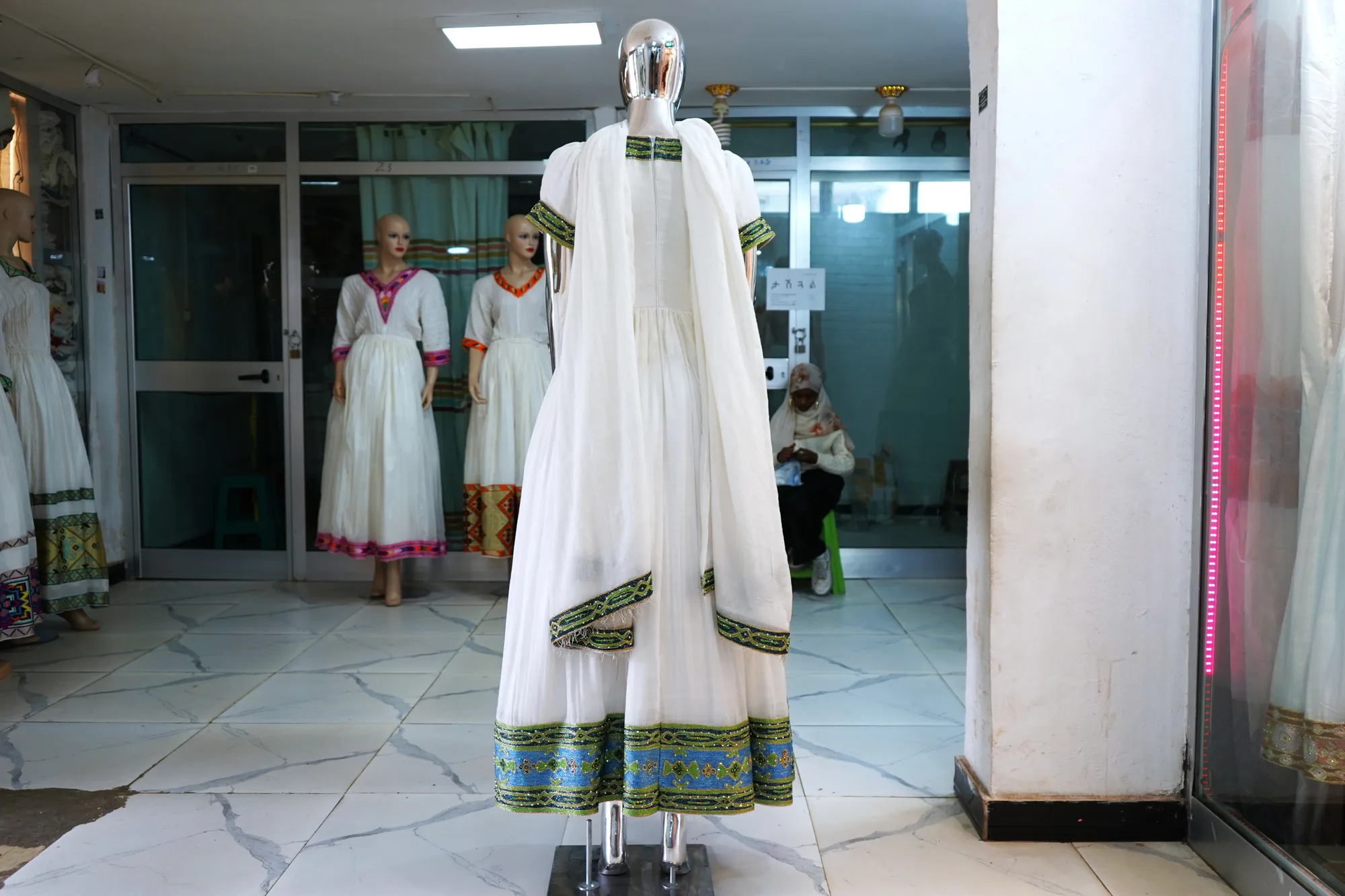 Premium Cotton Habesha Kemis with Traditional Gold Tibeb, Sabah kir fabric, Back — Fanu Awash
