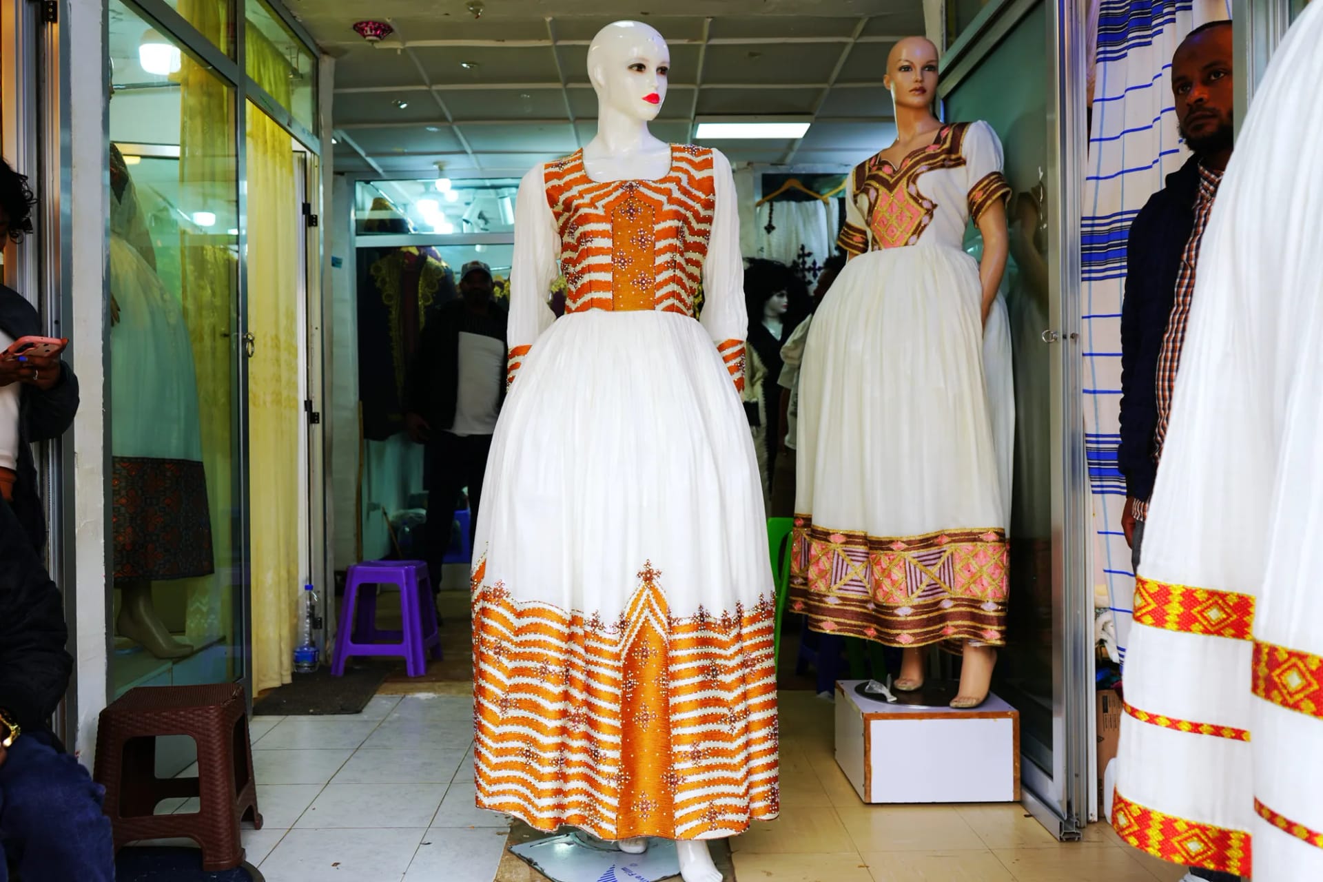 Authentic Hand-Woven Ethiopian Habesha Dress with Fine Tibeb, Habesha Kemis, Sabah kir fabric, Front — Seya Tibeb