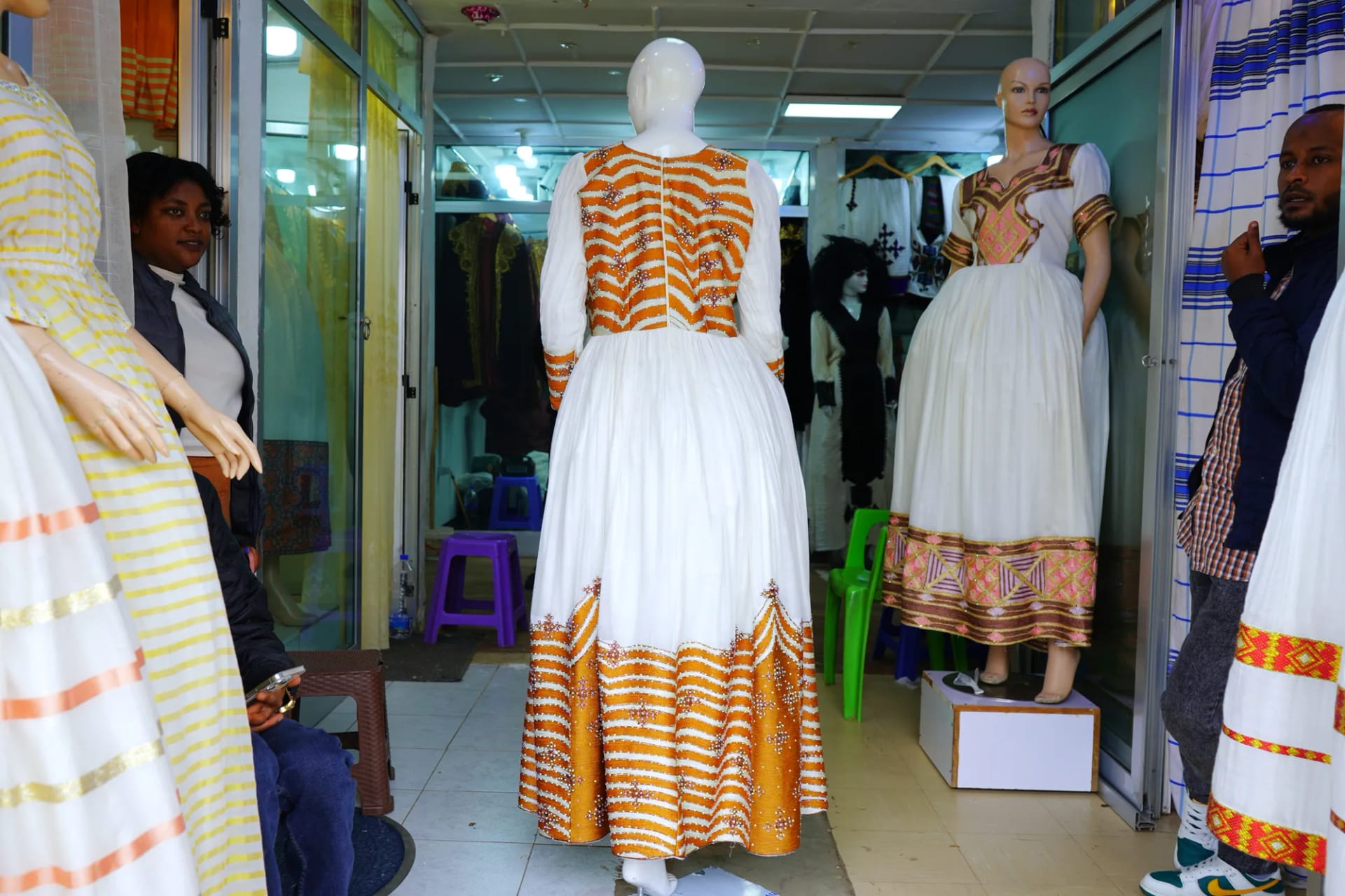 Authentic Hand-Woven Ethiopian Habesha Dress with Fine Tibeb, Habesha Kemis, Sabah kir fabric, Back — Seya Tibeb