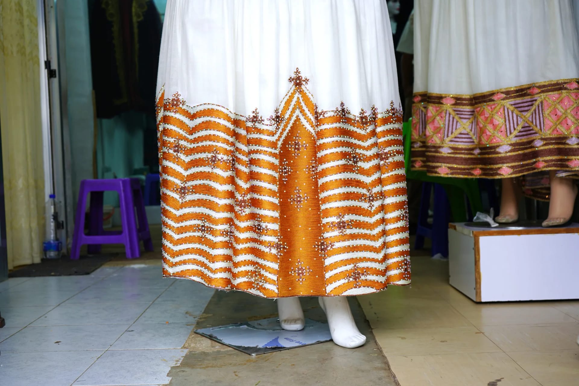 Authentic Hand-Woven Ethiopian Habesha Dress with Fine Tibeb, Habesha Kemis, Sabah kir fabric, Detail — Seya Tibeb