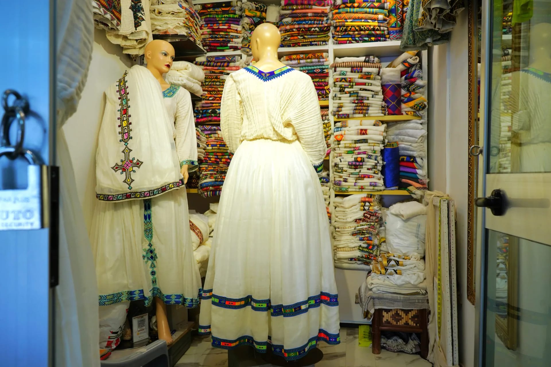 Modern Hand-Woven Habesha Kemis with Contemporary Tibeb Design, Sabah Kir fabric, Back — Redwan habesha/RED-1