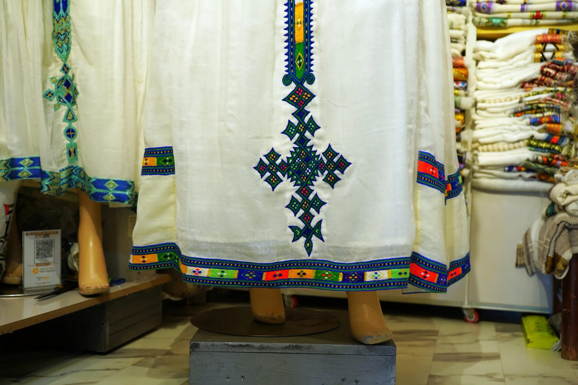 Modern Hand-Woven Habesha Kemis with Contemporary Tibeb Design, Sabah Kir fabric, Detail — Redwan habesha/RED-1