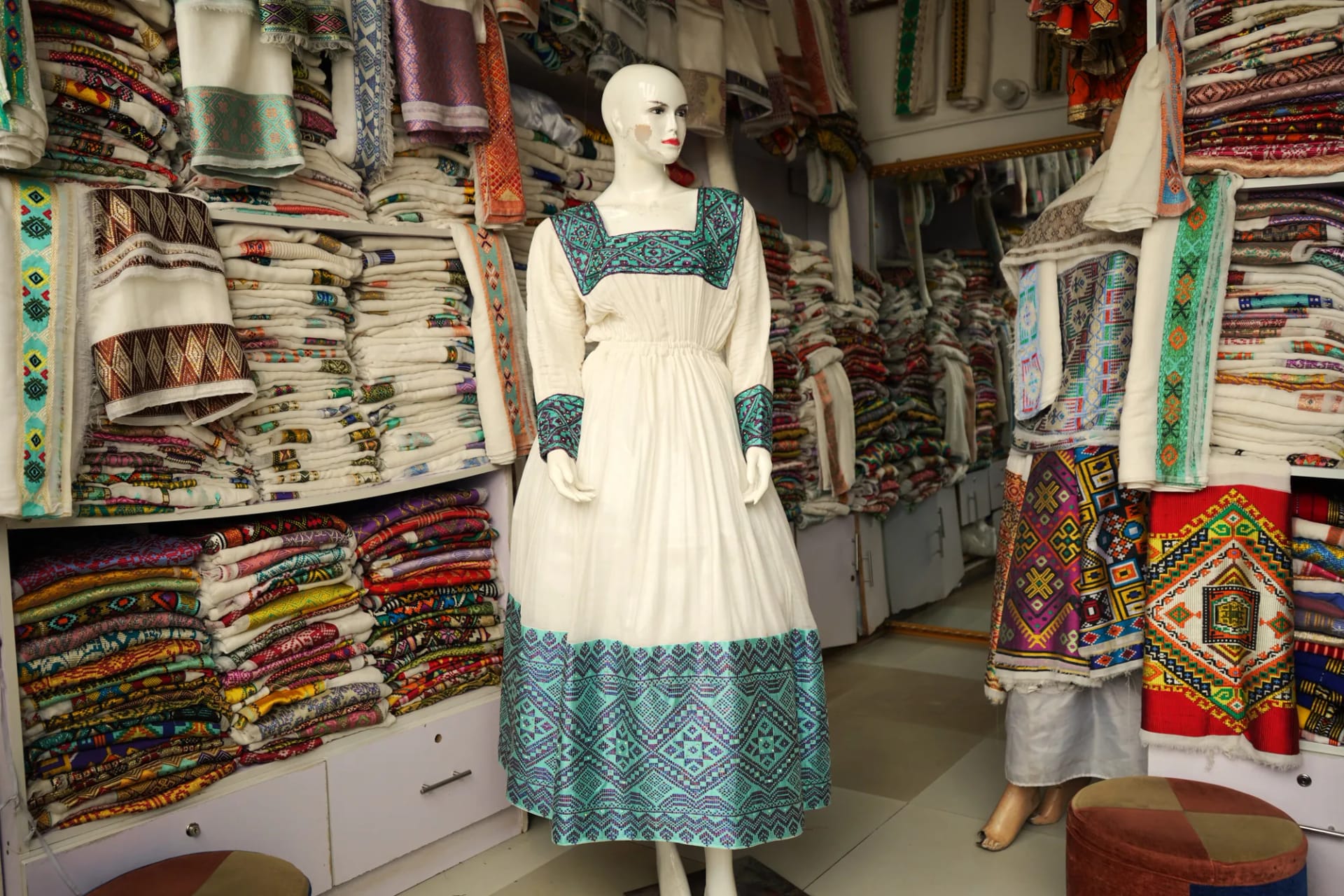 Custom Hand-Woven Habesha Kemis with Traditional Ethiopian Tibeb, Menen fabric, Front — Teyayezen Enedeg