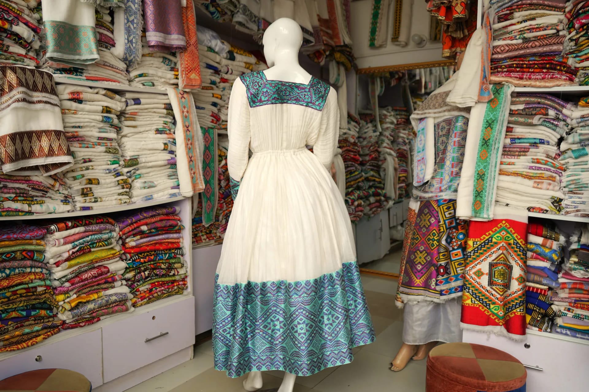 Custom Hand-Woven Habesha Kemis with Traditional Ethiopian Tibeb, Menen fabric, Back — Teyayezen Enedeg