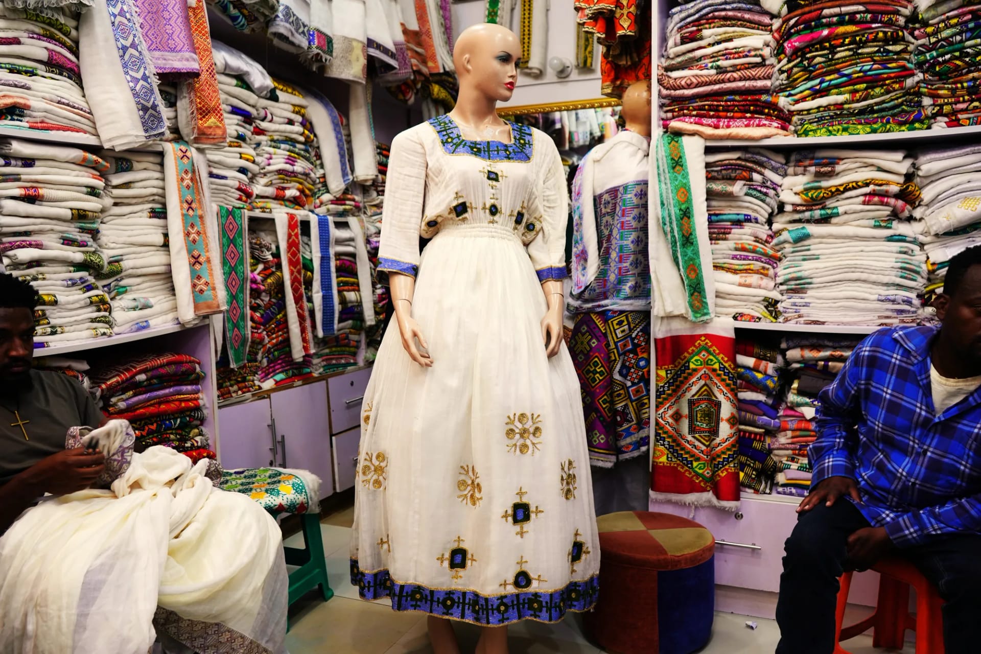 Elegant Ethiopian Habesha Kemis with Handcrafted Gold Tibeb, Sabah Kir, Menen fabric, Front — Woyineshet