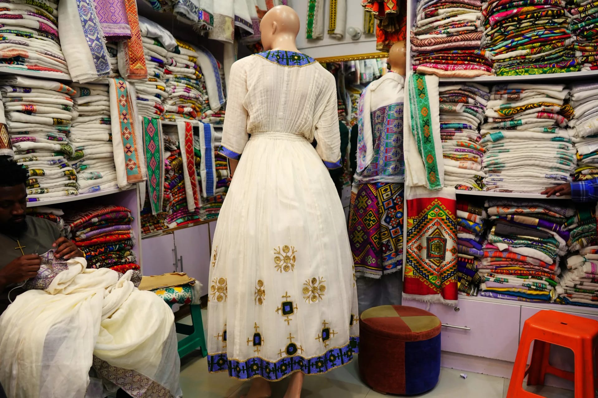 Elegant Ethiopian Habesha Kemis with Handcrafted Gold Tibeb, Sabah Kir, Menen fabric, Back — Woyineshet