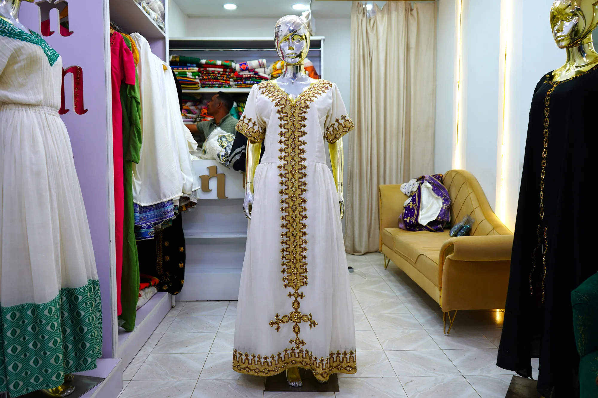 Premium Ethiopian Bridal Habesha Kemis with Gold Tibeb, Sabah kir, firte, menen fabric, Front — Absalat Tibeb