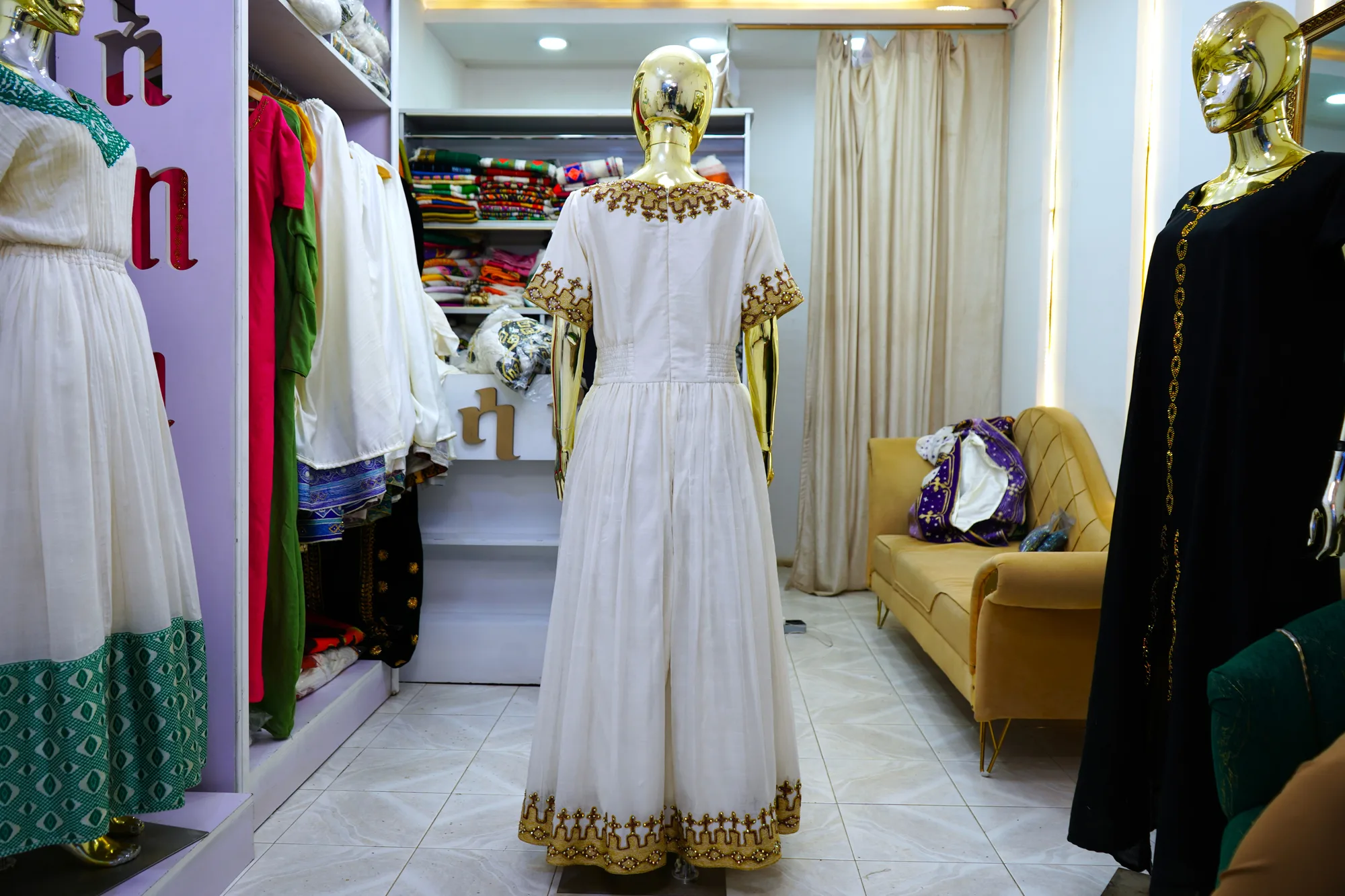 Premium Ethiopian Bridal Habesha Kemis with Gold Tibeb, Sabah kir, firte, menen fabric, Back — Absalat Tibeb