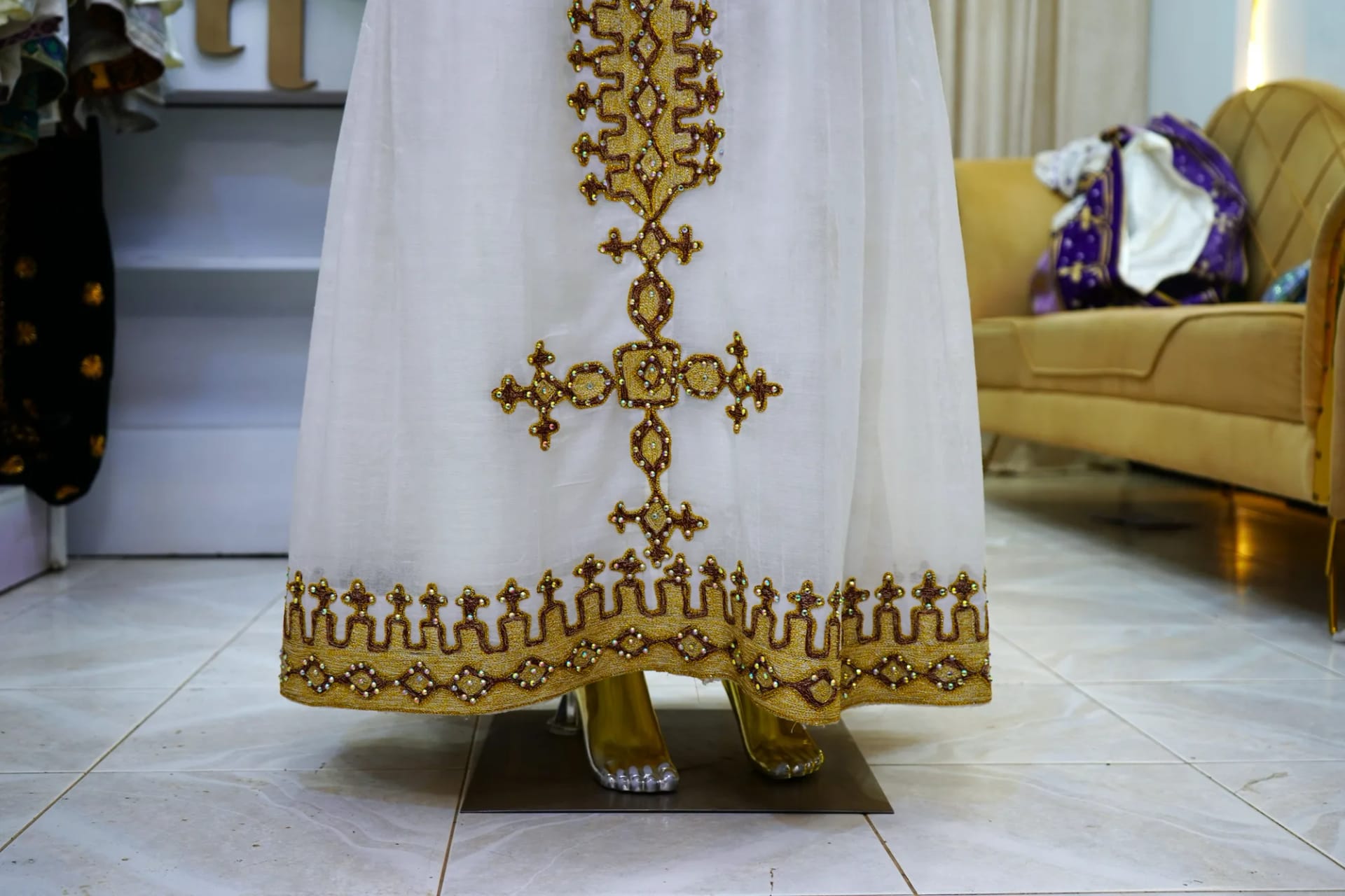 Premium Ethiopian Bridal Habesha Kemis with Gold Tibeb, Sabah kir, firte, menen fabric, Detail — Absalat Tibeb
