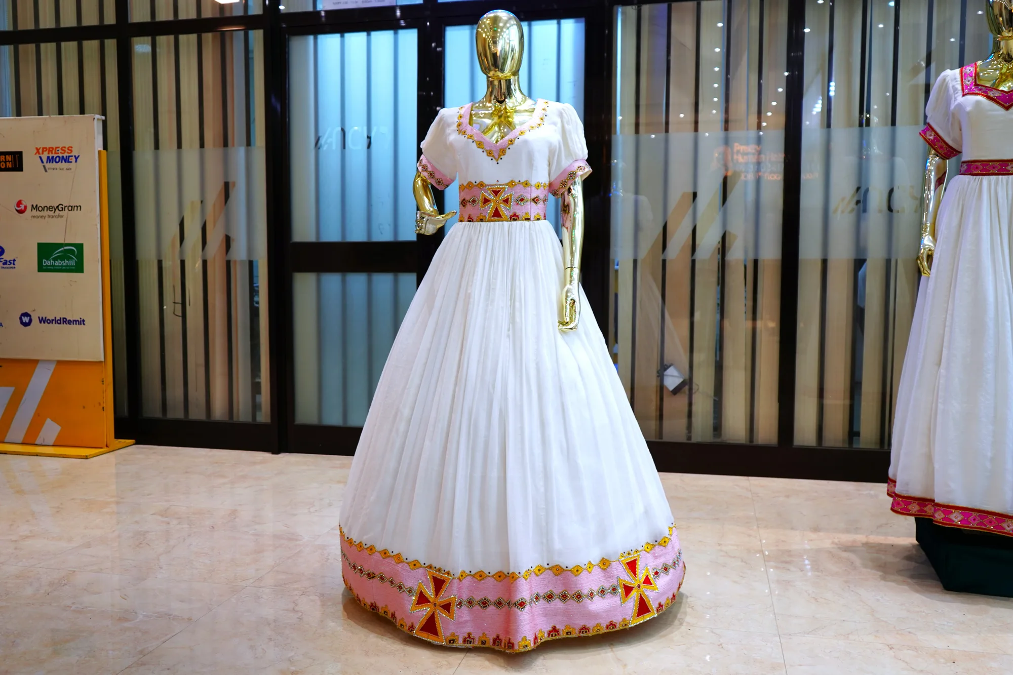 Luxury Bridal Habesha Kemis with Royal Gold Tibeb Embroidery, Menen fabric, Front — Princess Design