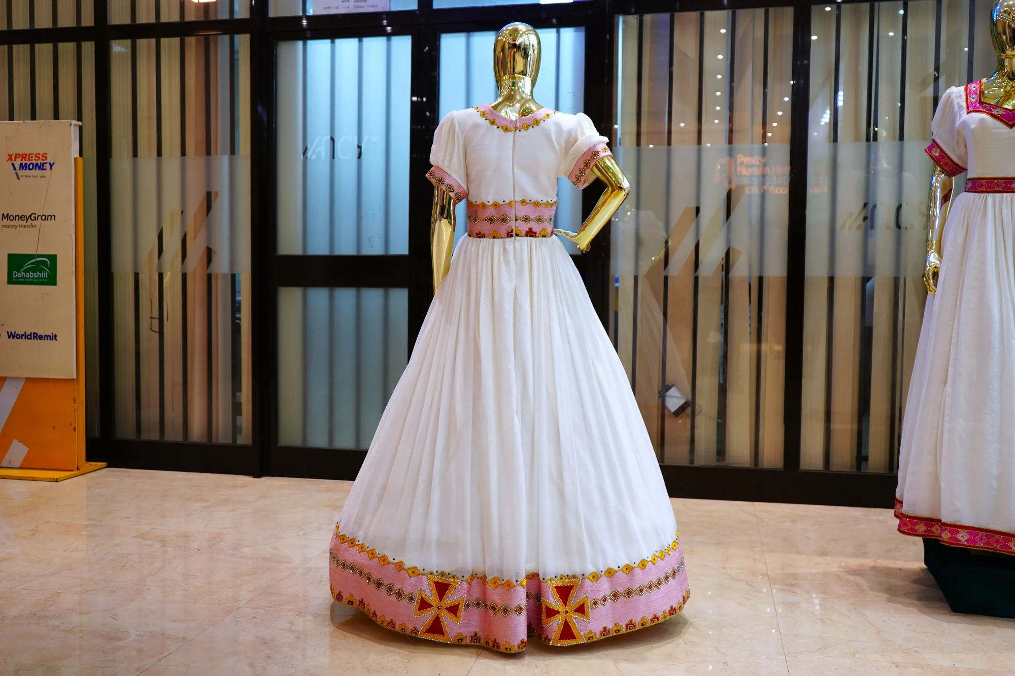 Luxury Bridal Habesha Kemis with Royal Gold Tibeb Embroidery, Menen fabric, Back — Princess Design