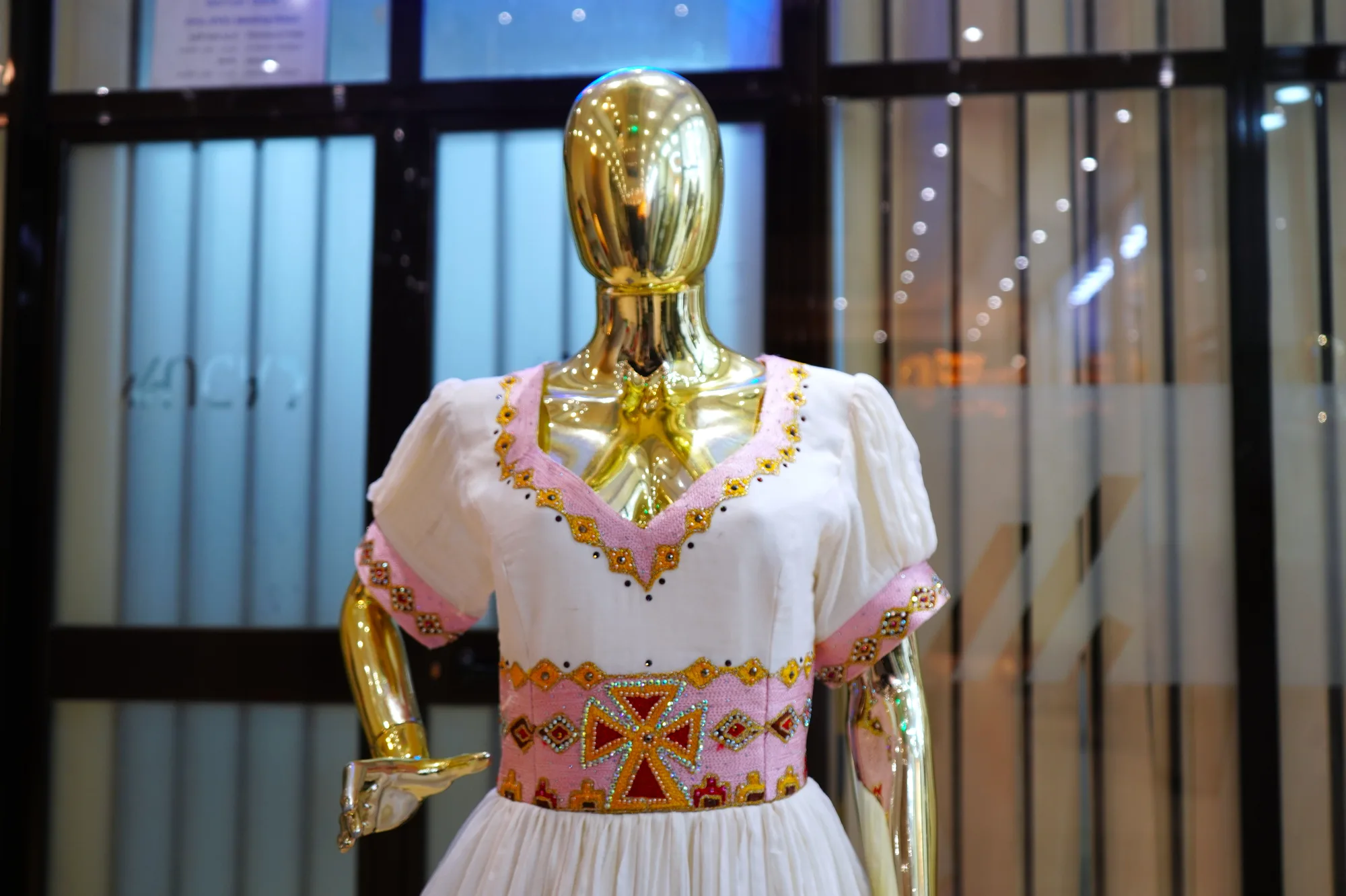 Luxury Bridal Habesha Kemis with Royal Gold Tibeb Embroidery, Menen fabric, Detail — Princess Design