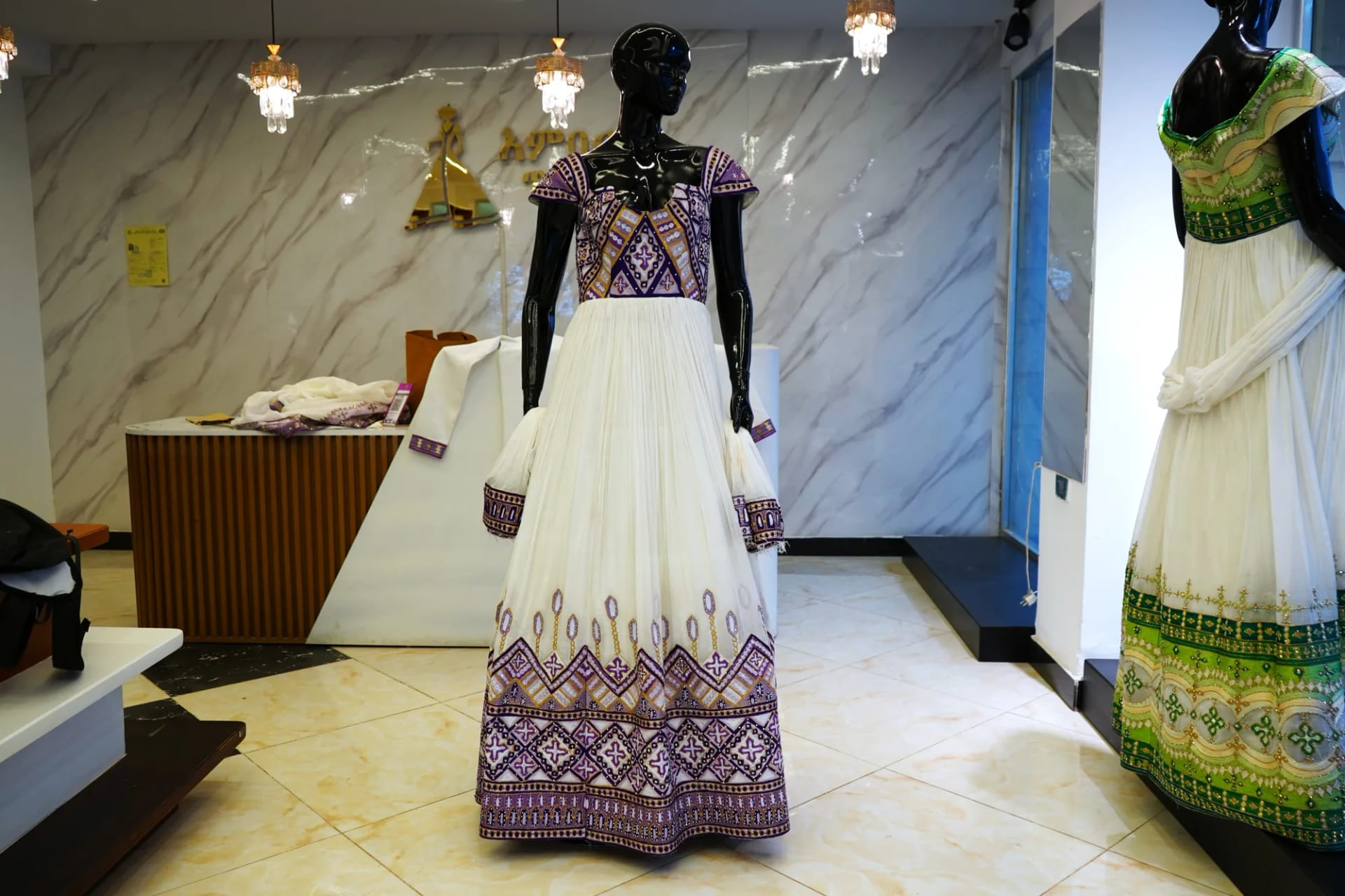 Hand-Woven Ethiopian Habesha Dress with Traditional Tibeb Border, Habesha Kemis, Menen, Ferte fabric, Front — Ambar Tibeb