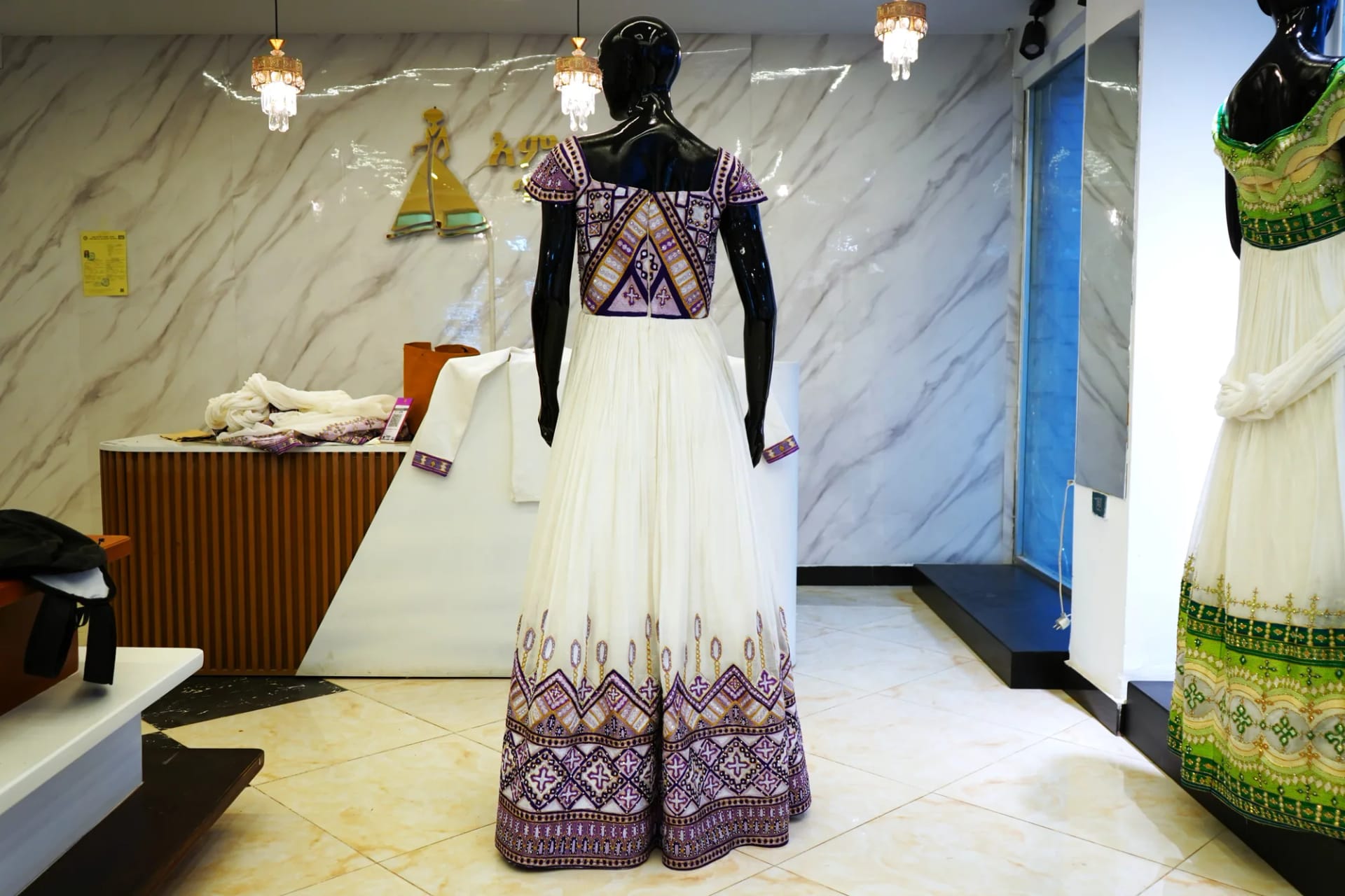 Hand-Woven Ethiopian Habesha Dress with Traditional Tibeb Border, Habesha Kemis, Menen, Ferte fabric, Back — Ambar Tibeb