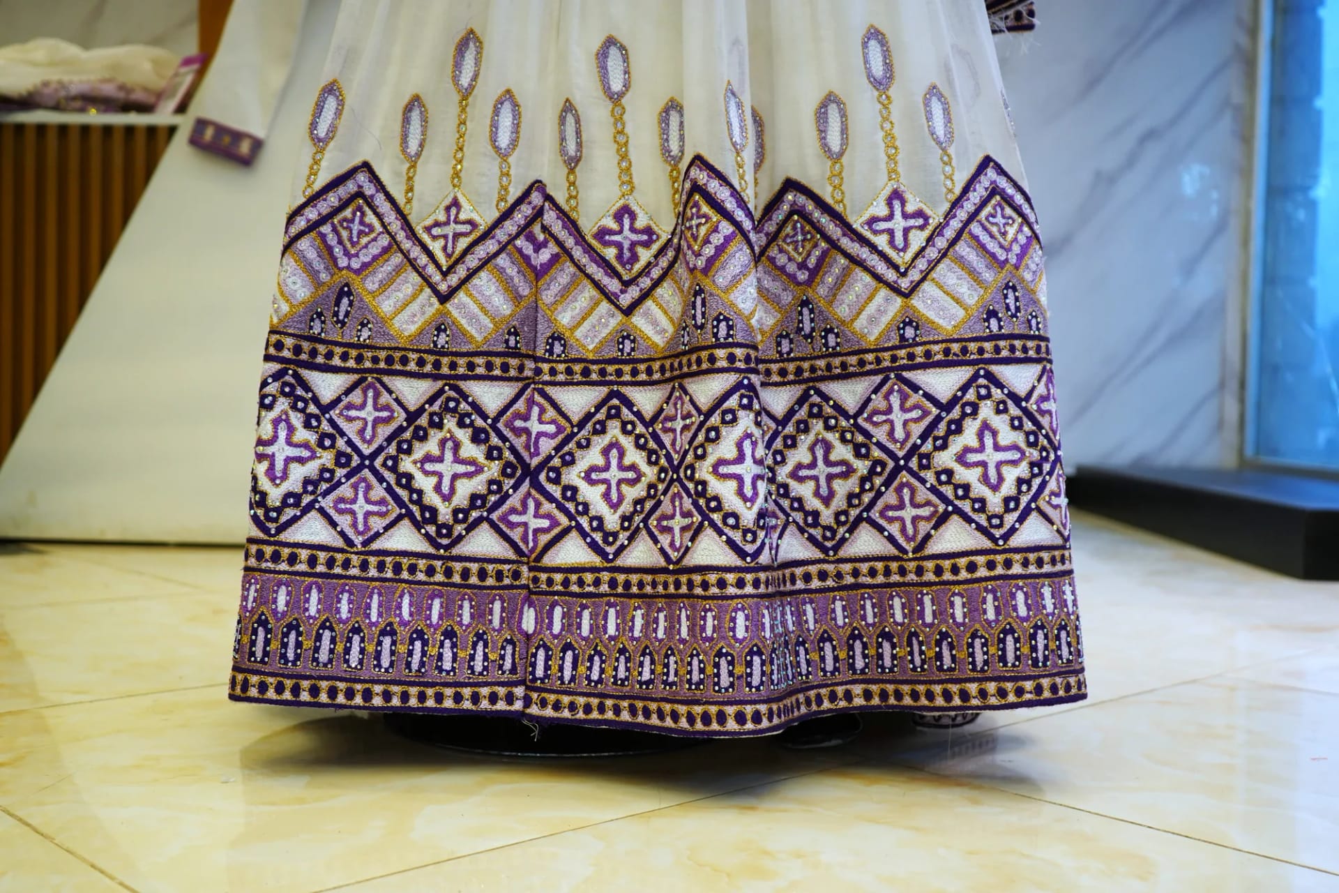 Hand-Woven Ethiopian Habesha Dress with Traditional Tibeb Border, Habesha Kemis, Menen, Ferte fabric, Detail — Ambar Tibeb