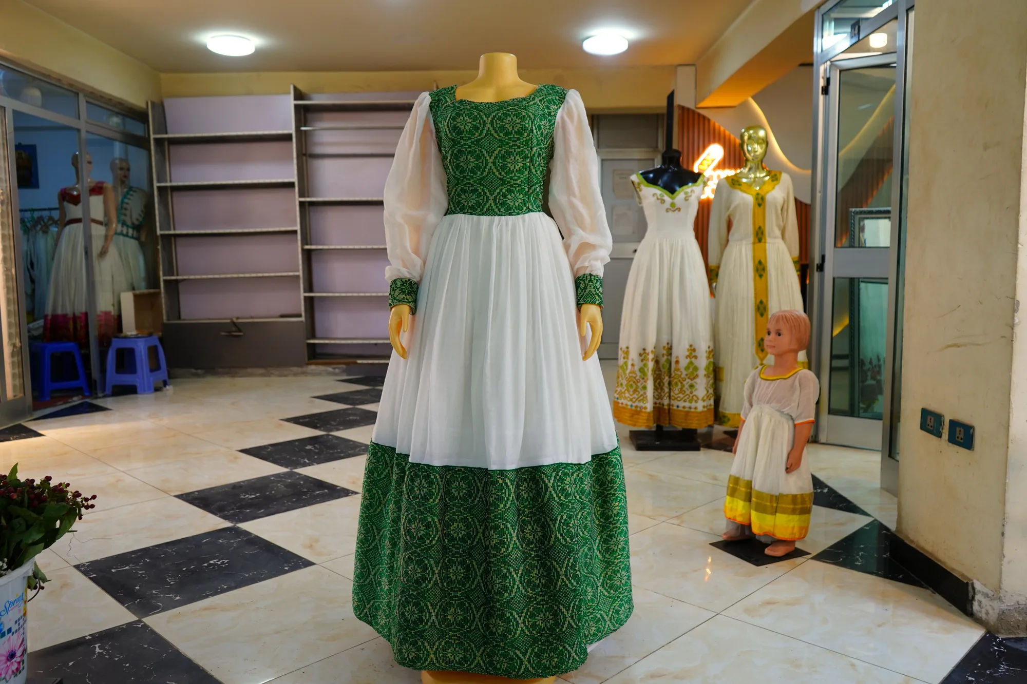 Designer Habesha Kemis with Handcrafted Luxury Tibeb, Menen fabric, Front — Lenegist Design