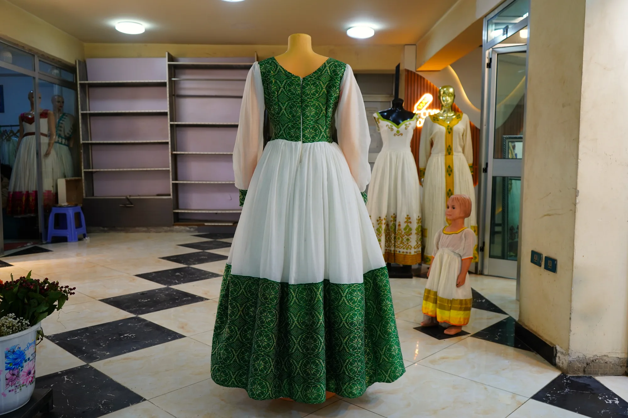 Designer Habesha Kemis with Handcrafted Luxury Tibeb, Menen fabric, Back — Lenegist Design