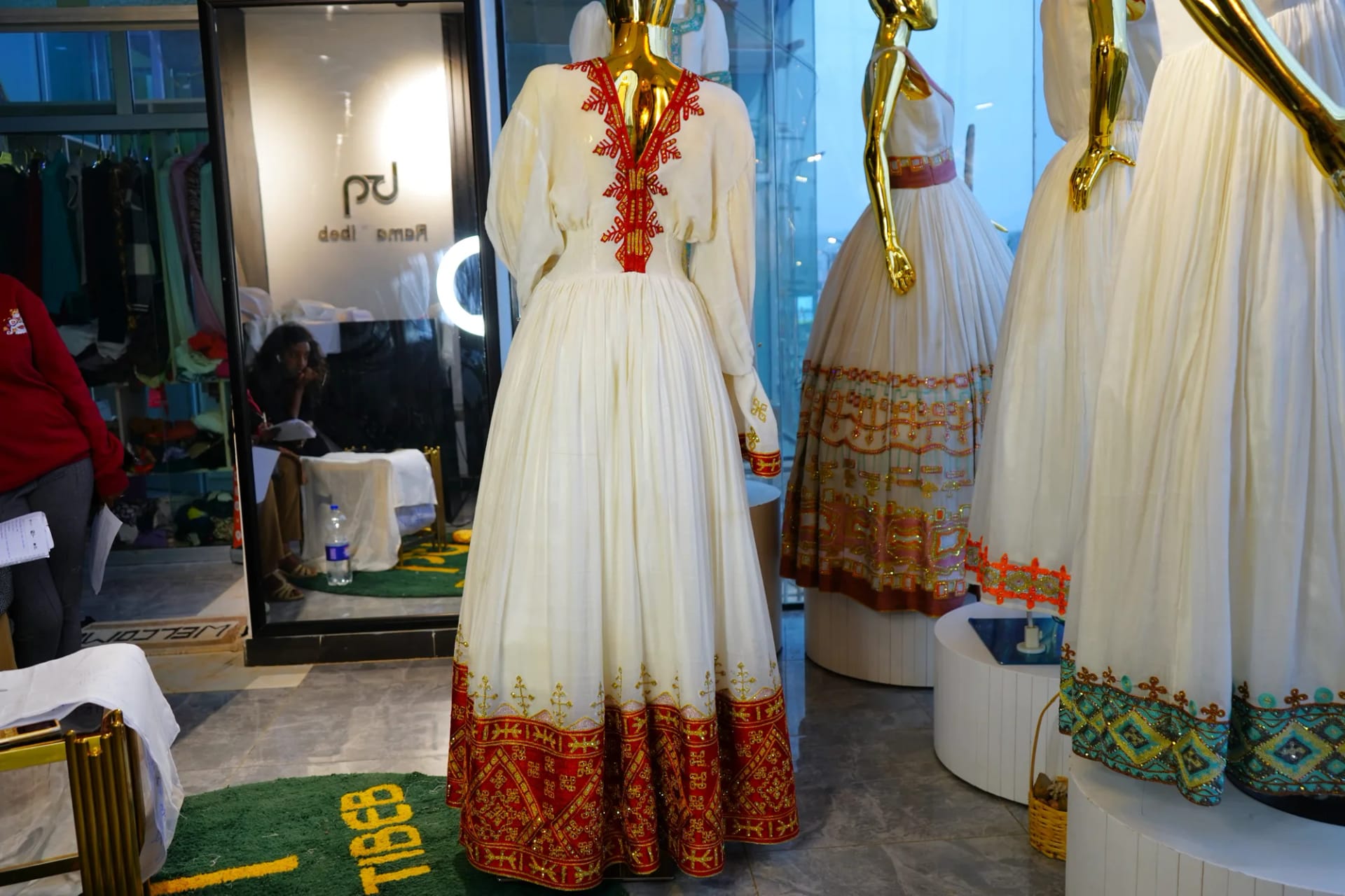 Elegant Cotton Habesha Kemis with Traditional Gold Tibeb, Ferte fabric, Back — Rama Tibeb