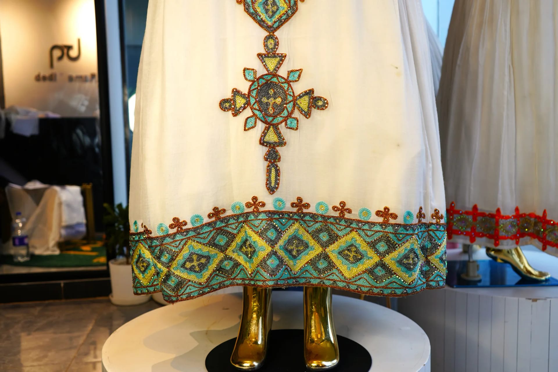 Premium Ethiopian Habesha Kemis with Hand-Woven Tibeb Patterns, Menen fabric, Detail — Tg Habesha