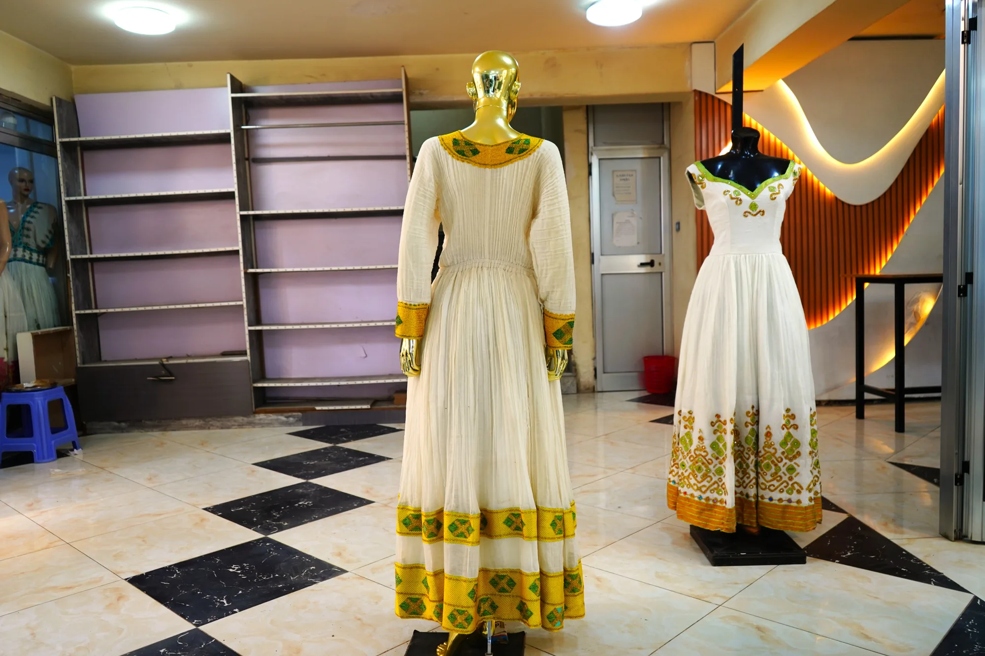 Traditional Handcrafted Habesha Kemis with Fine Cotton Tibeb, Menen fabric, Back — Henos Tibeb
