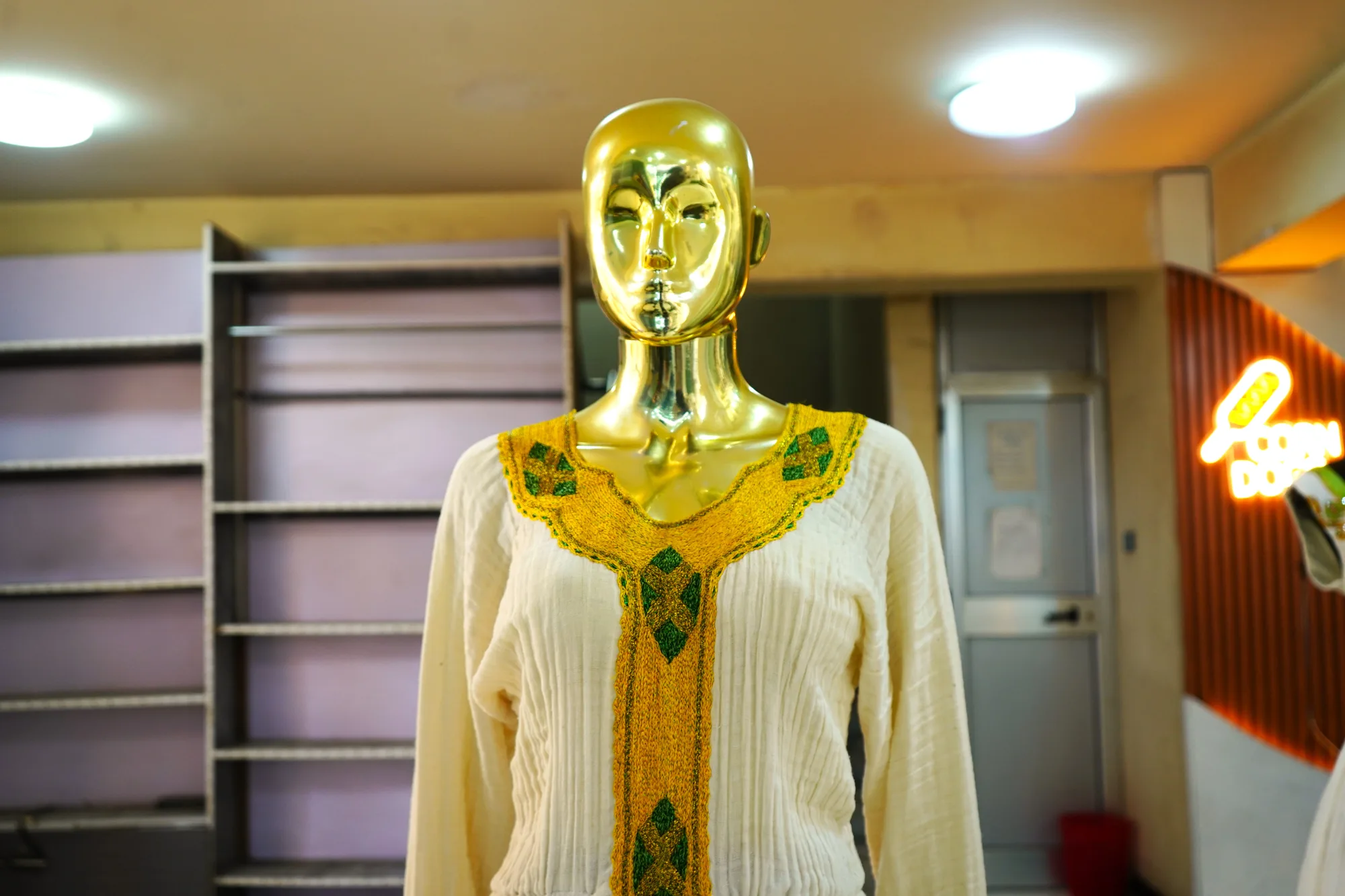 Traditional Handcrafted Habesha Kemis with Fine Cotton Tibeb, Menen fabric, Detail — Henos Tibeb