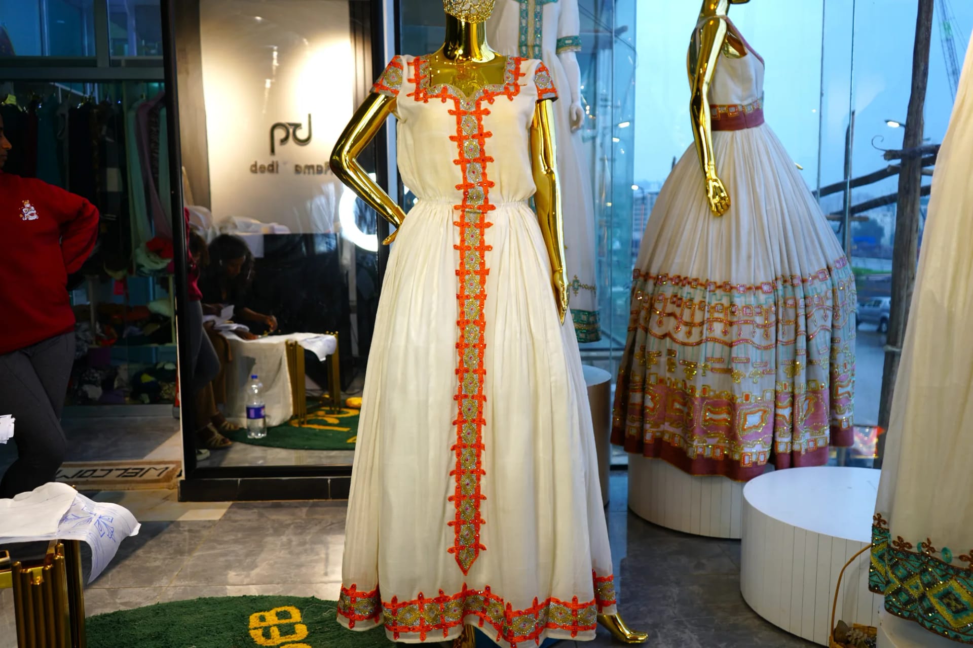 Luxury Ethiopian Wedding Habesha Kemis with Gold Tibeb, Menen, Ferte fabric, Front — Yeshega Tibeb