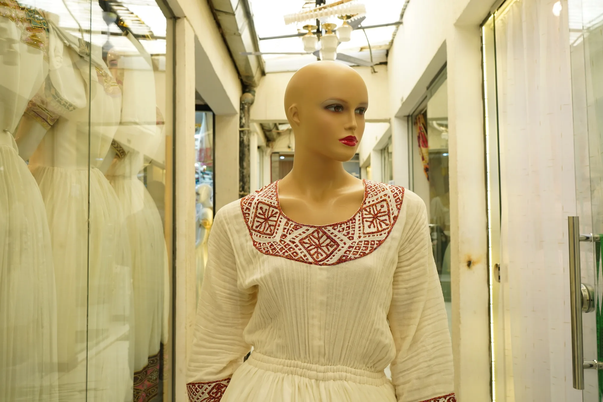 Authentic Hand-Woven Habesha Kemis with Classic Ethiopian Tibeb, Menen, Saba fabric, Worn — Feker Yebahil Albasat