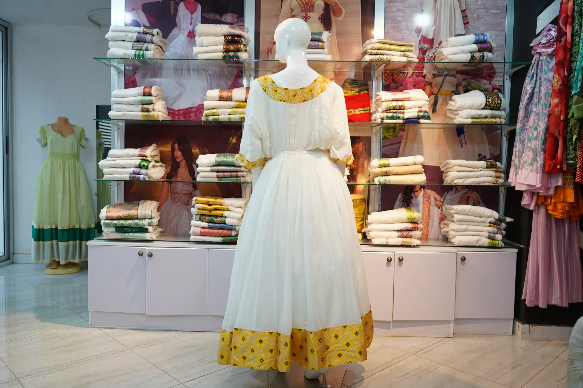 Traditional Cotton Habesha Kemis with Handcrafted Tibeb Embroidery, Back — Enatnesh Tibeb