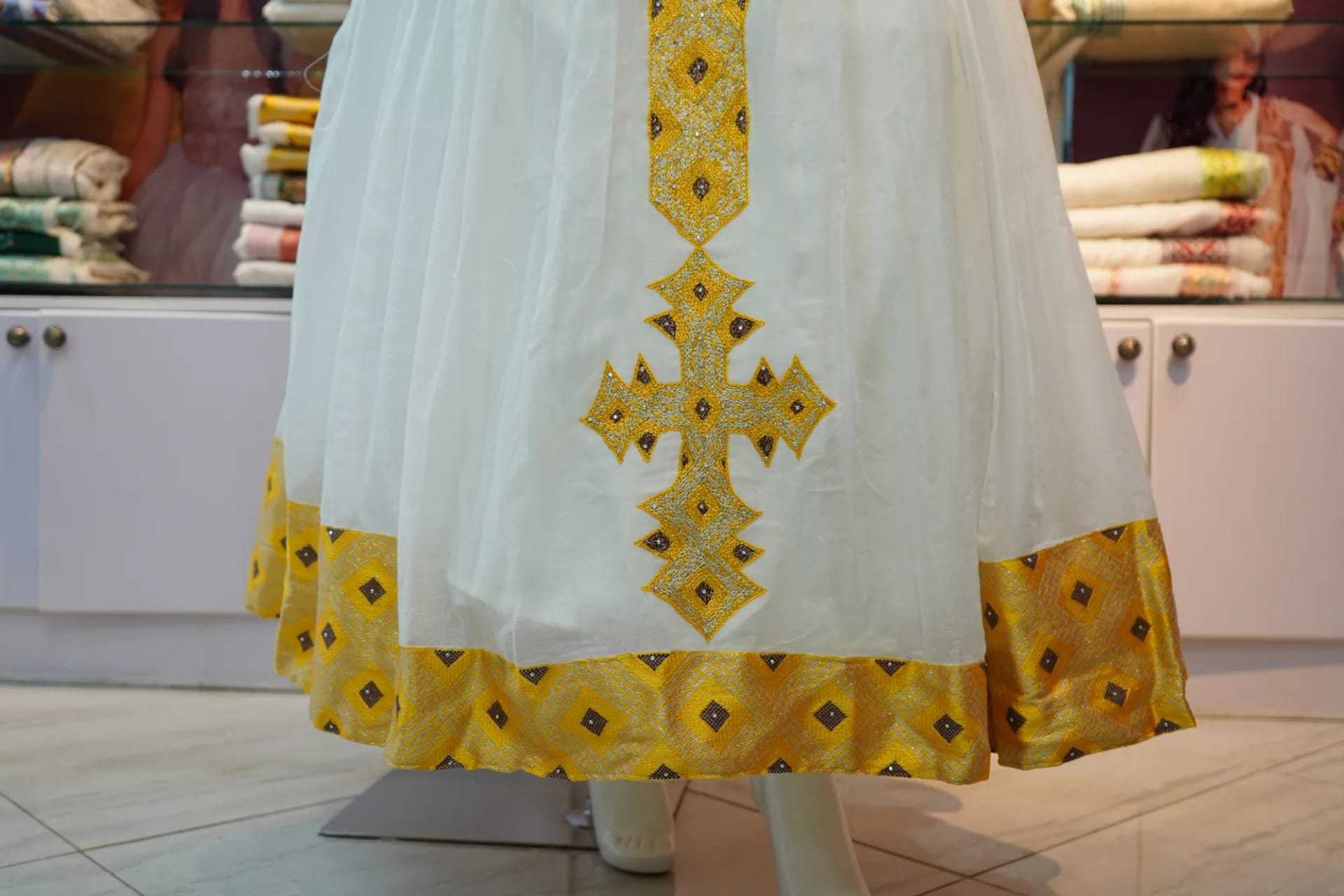 Traditional Cotton Habesha Kemis with Handcrafted Tibeb Embroidery, Detail — Enatnesh Tibeb