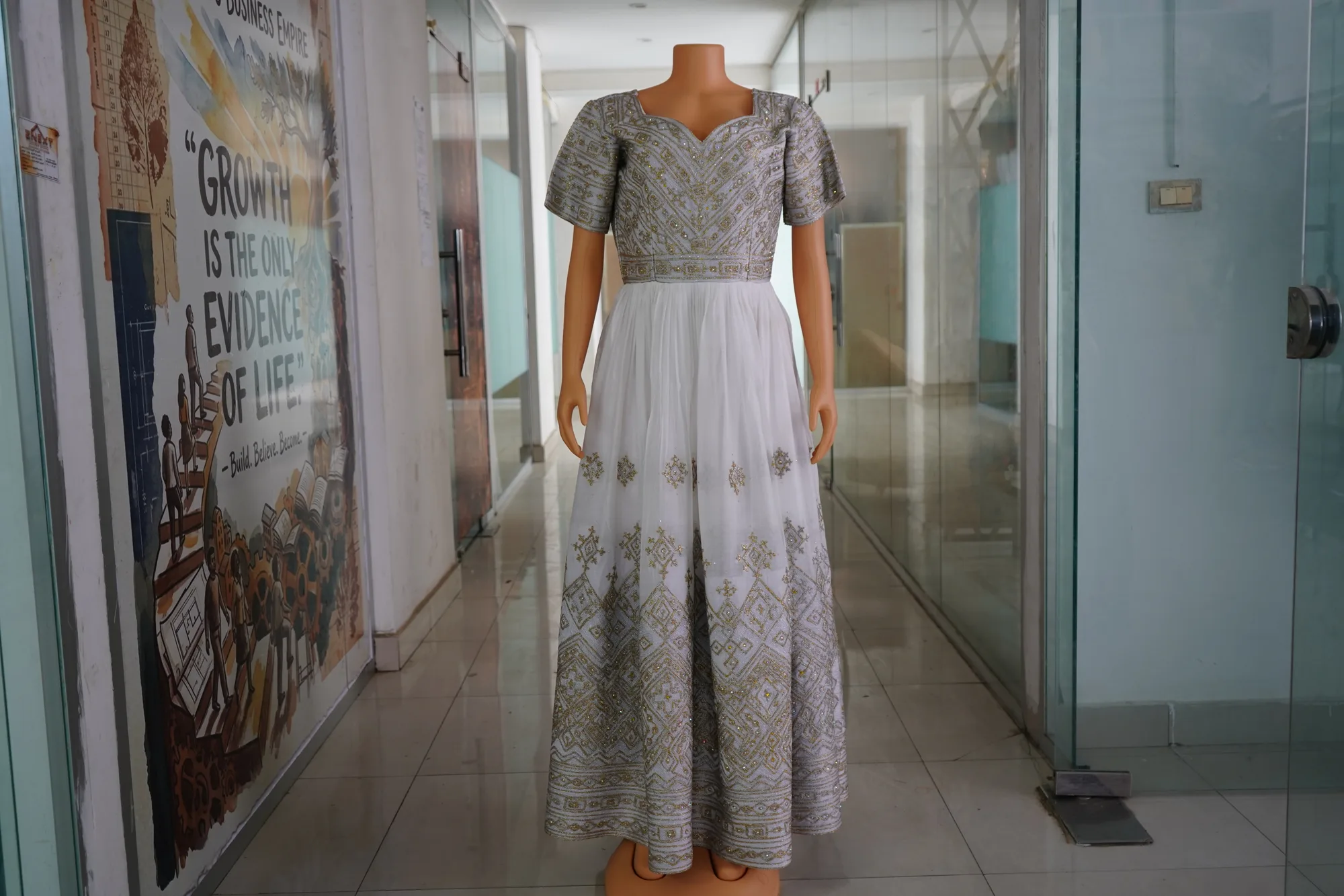 Designer Habesha Kemis with Elegant Hand-Woven Tibeb, Menen, Saba, China, Tilf fabric, Front — Yorda Design